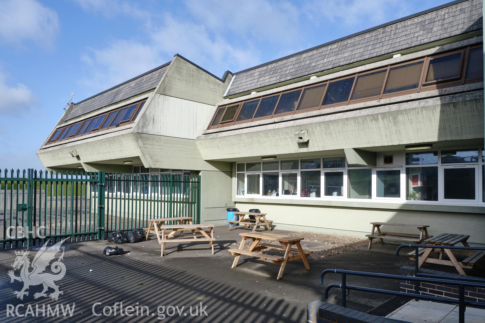Colour photograph showing Argoed School - N classroom wing, W front looking NE.