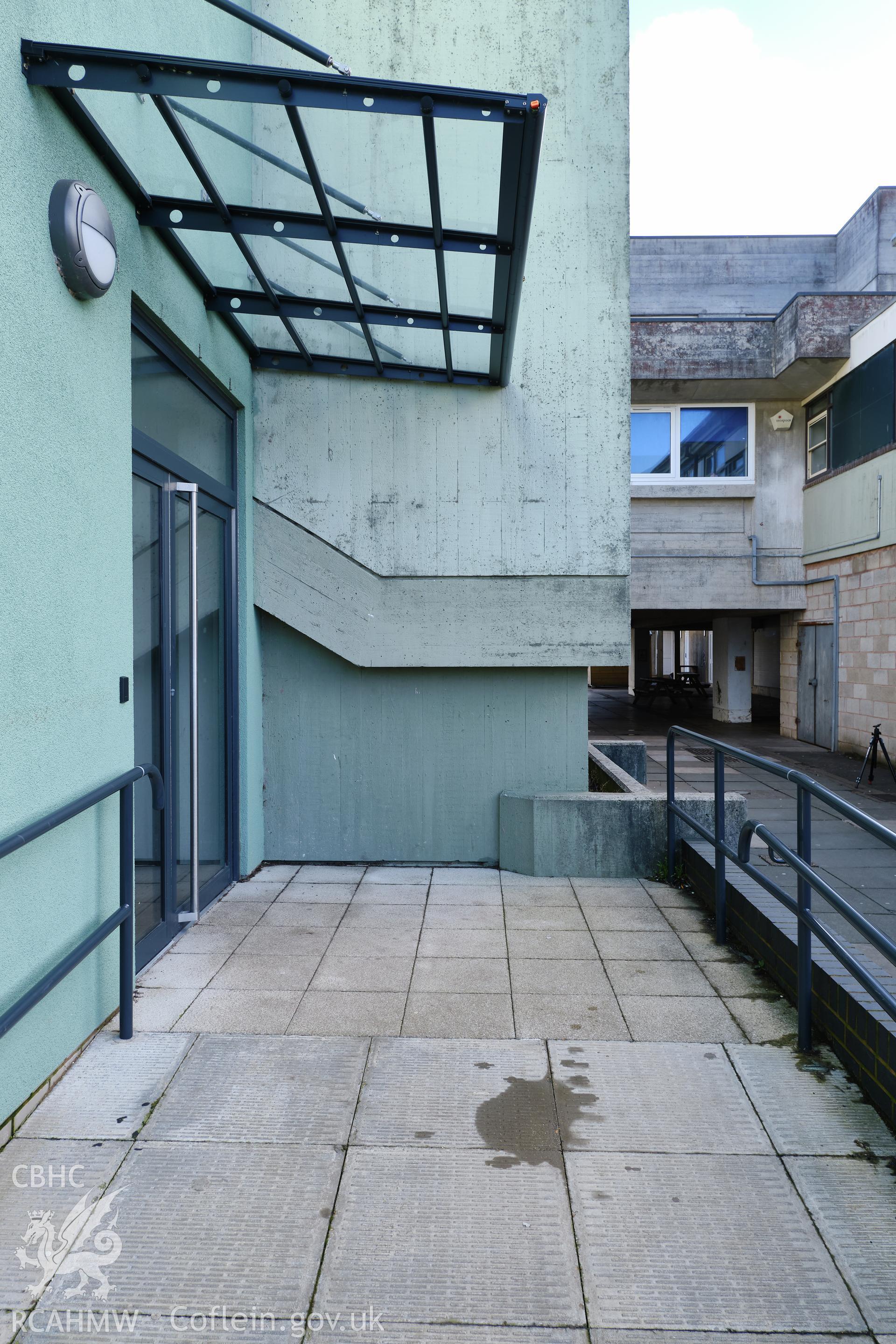 Colour photograph showing Argoed School - entrance to N wing from courtyard looking S.