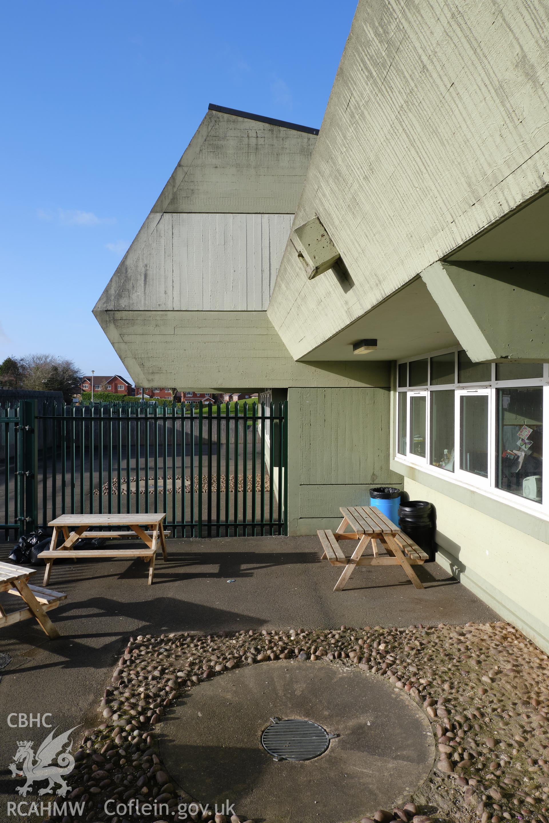 Colour photograph showing Argoed School - N classroom wing W front looking N.