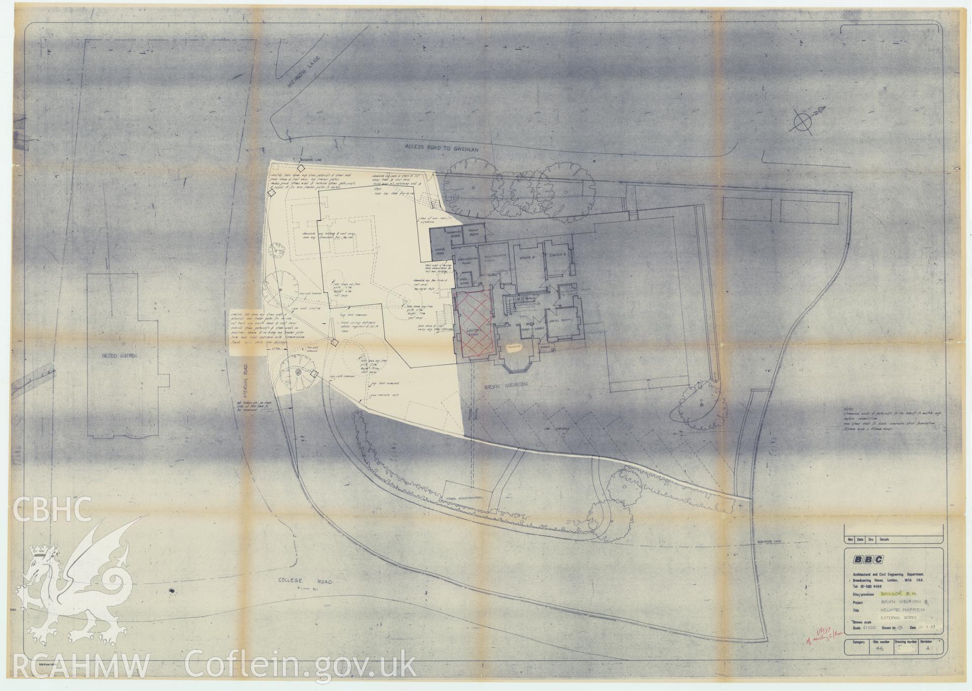 BBC premises, Bryn Meirion Bangor - layout plan drawing of the external works at Neuadd Hafren. Drawing No. 46/200 RevA1, March 1981.