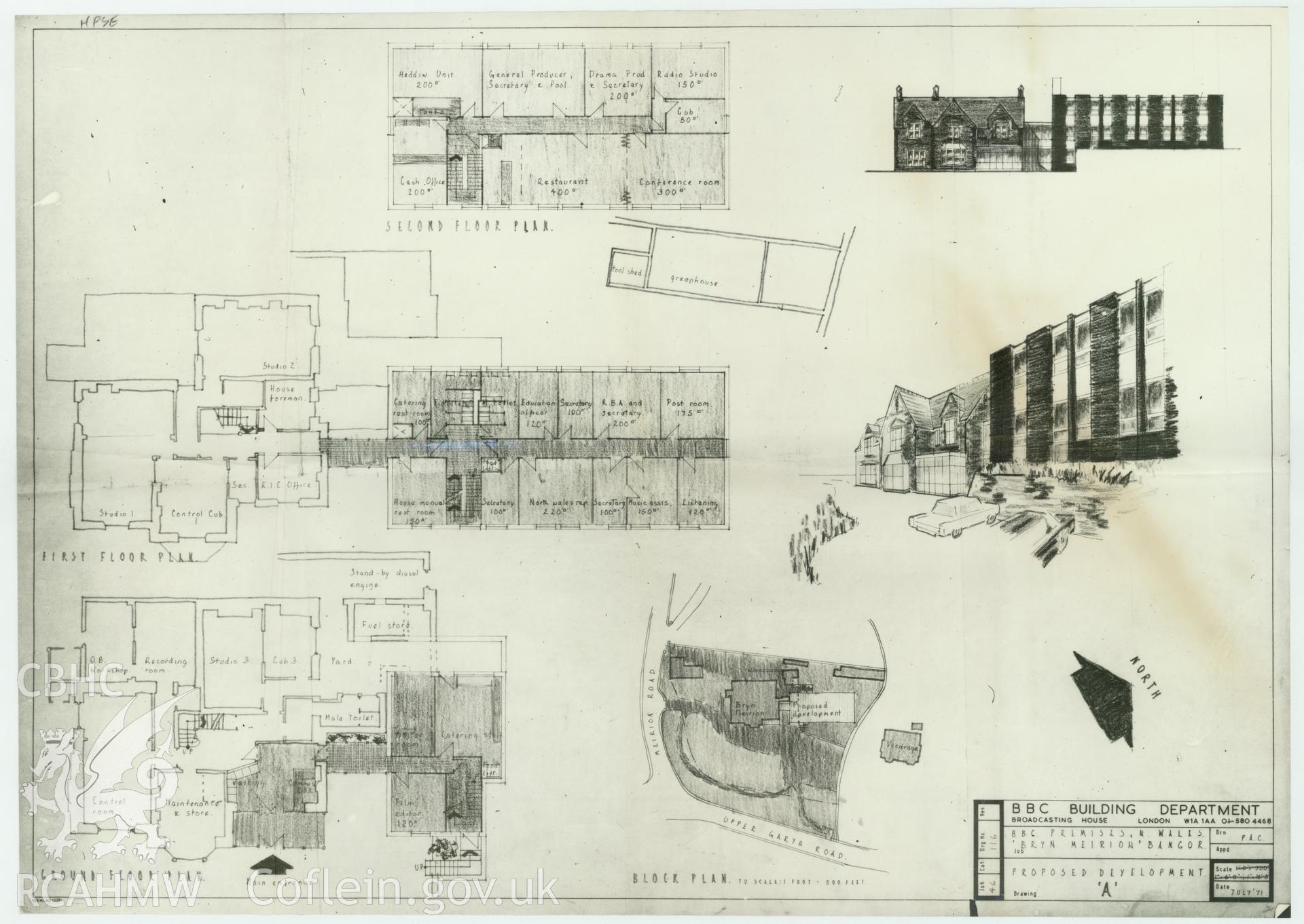 BBC premises, Bryn Meirion, Bangor - block plan drawing of proposed development A. Drawing No. 46/116. July 1971.