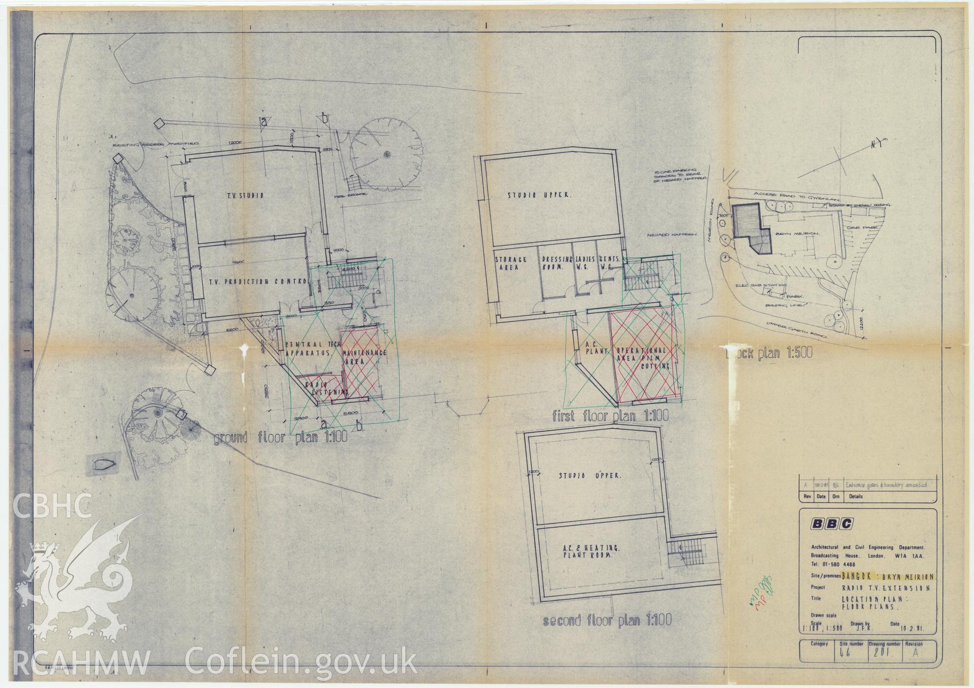 BBC premises, Bryn Meirion Bangor - block plan drawing of the Radio TV extension. Drawing No. 46/201 RevA, February 1981.