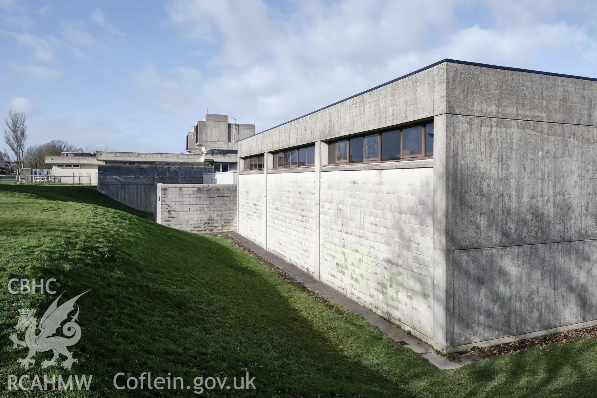 Colour photograph showing Argoed School - W front (gym) looking N.