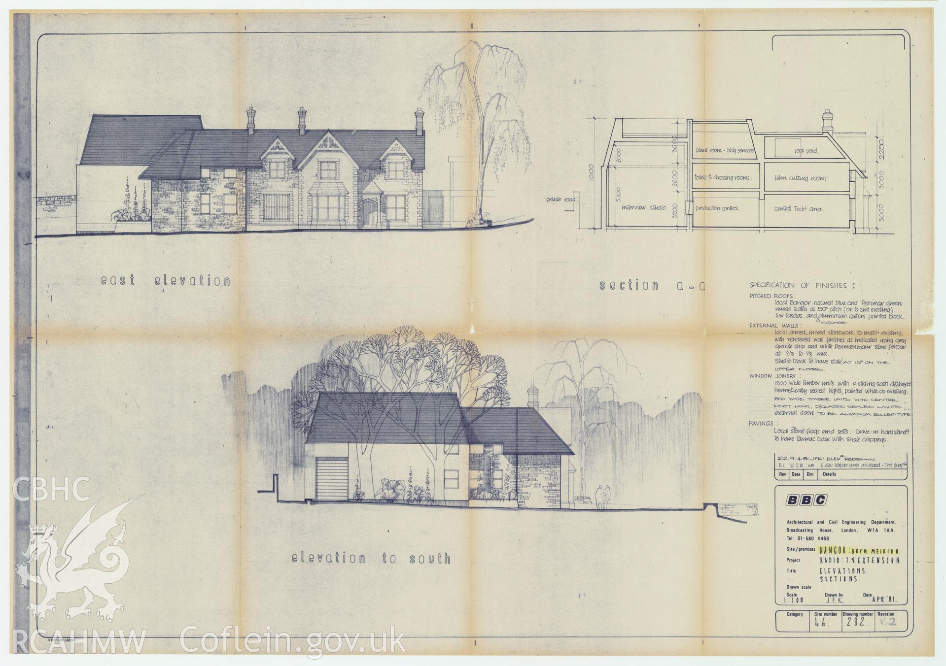 BBC premises, Bryn Meirion, Bangor - elevation drawing of the Radio TV extension. Drawing No. 46/202 Rev2, April 1981.