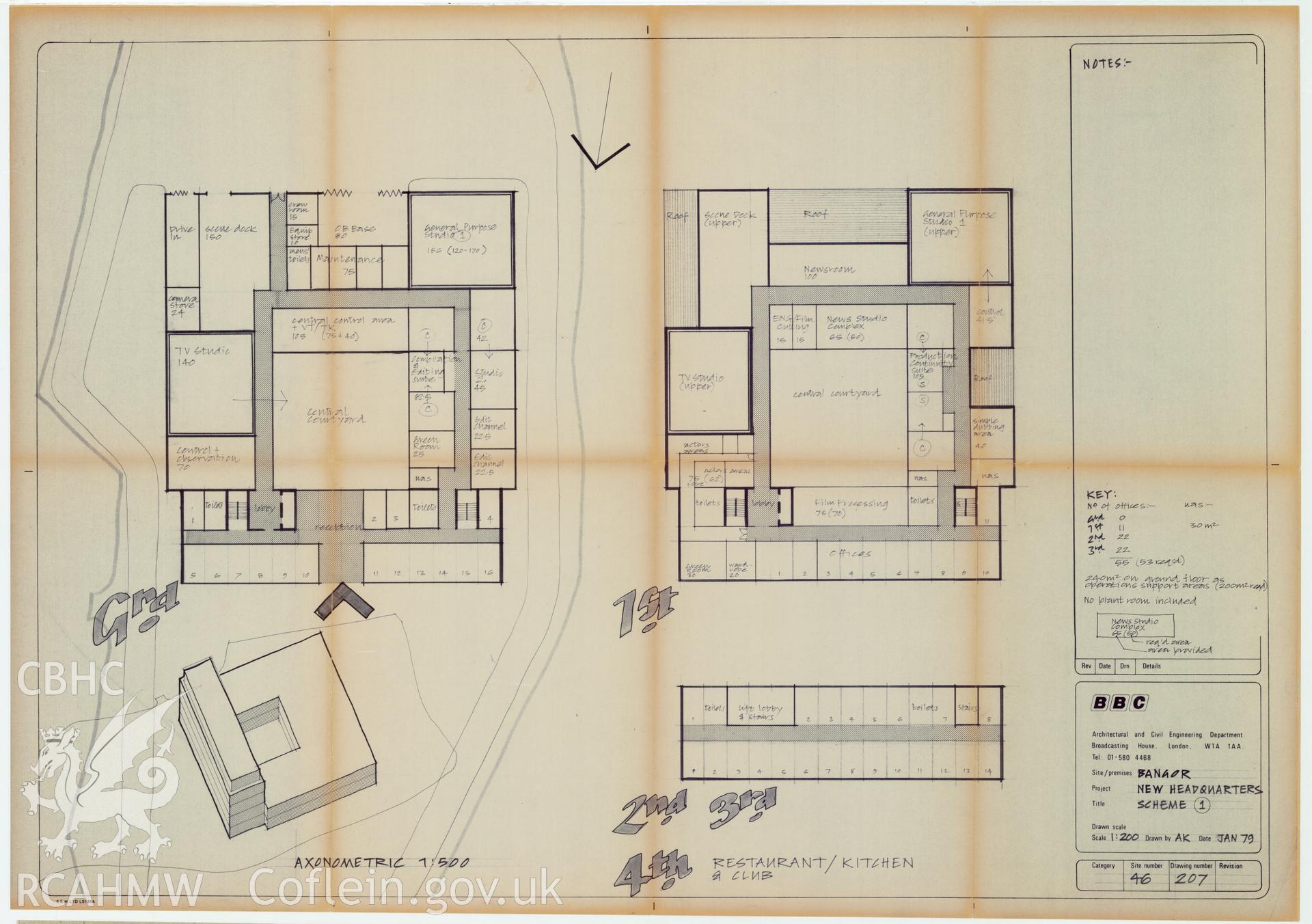 BBC premises, Bangor - New HQ Development Scheme 1 - block plan of restaurant, kitchen and club. Drawing No. 46/207, January 1979..