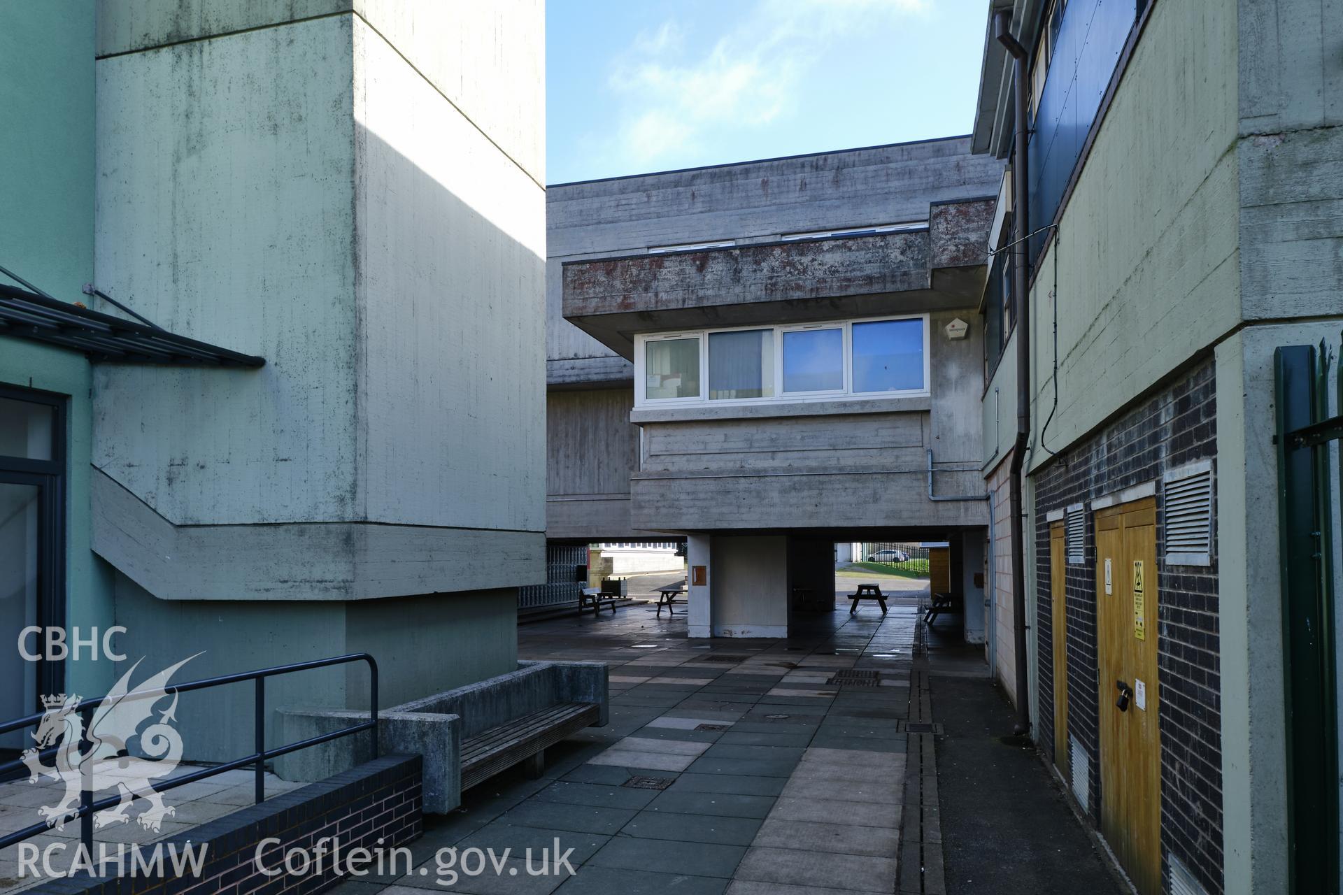 Colour photograph showing Argoed School - courtyard, looking S.