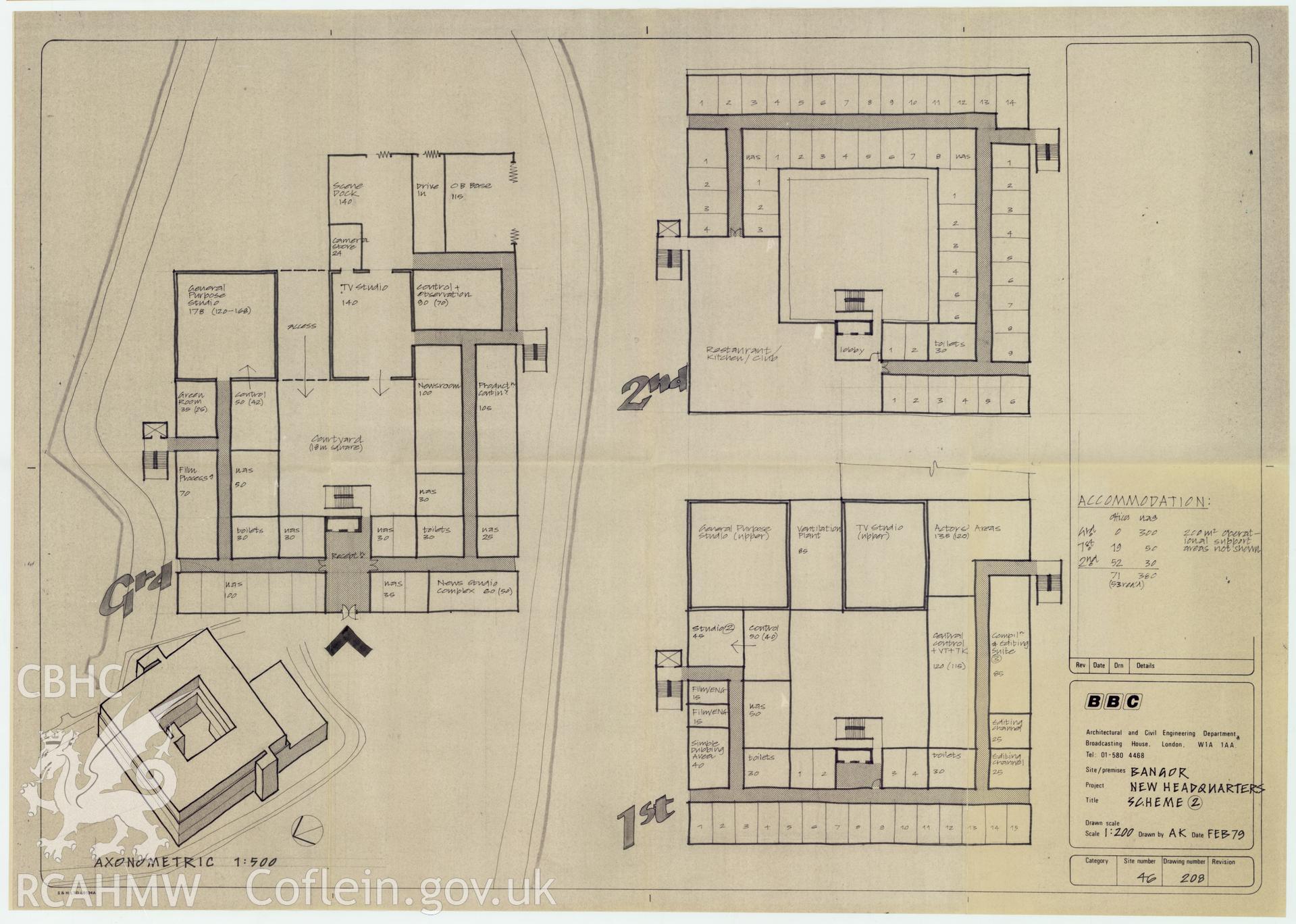 BBC premises, Bangor - New HQ Development Scheme 2 - block plan of restaurant, kitchen and club. Drawing No. 46/208, February 1979..