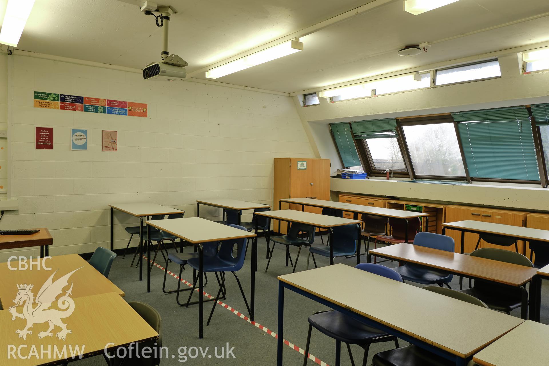 Colour photograph showing Argoed School - room 16, looking SW.