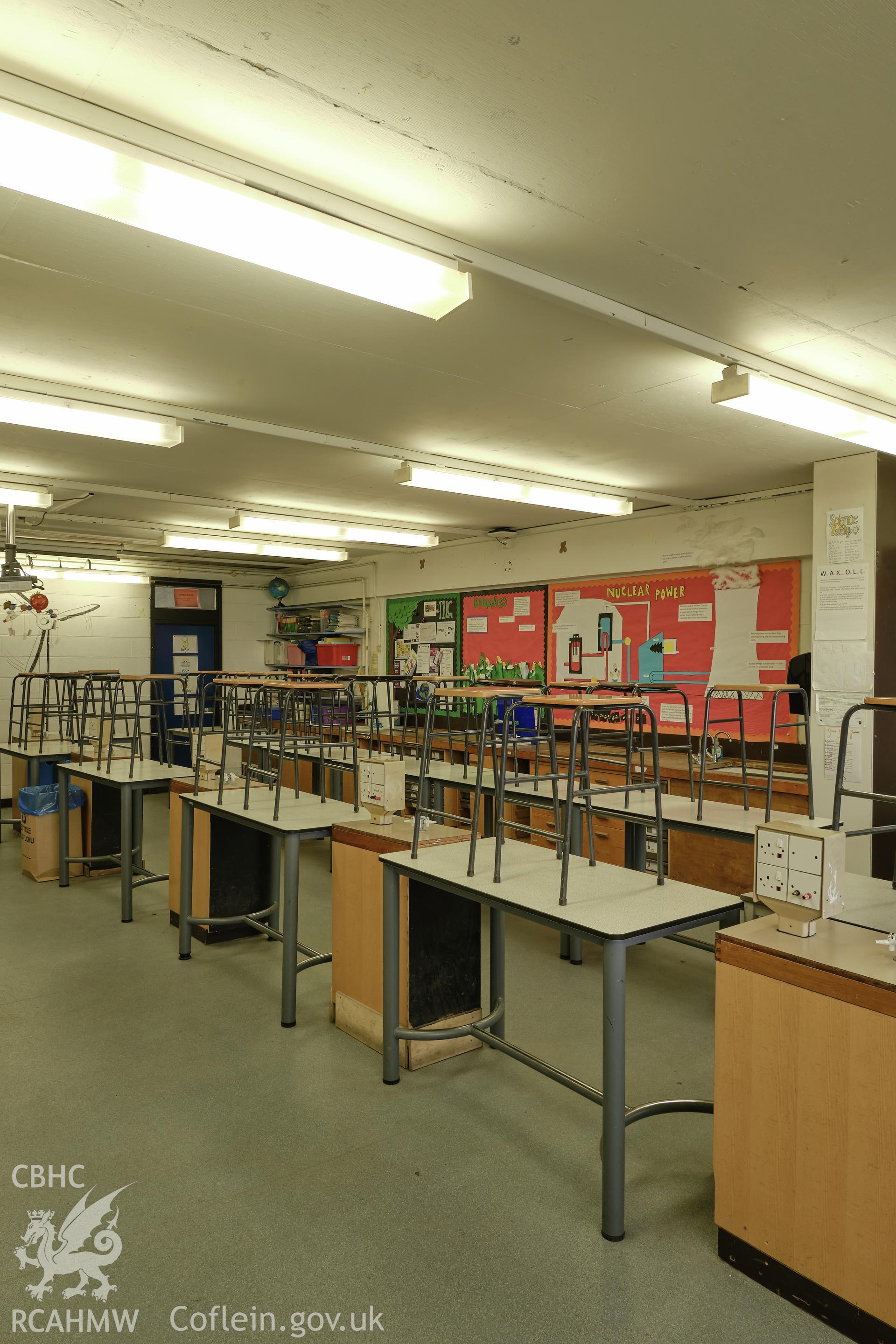 Colour photograph showing Argoed School - room S4 (science) looking W.