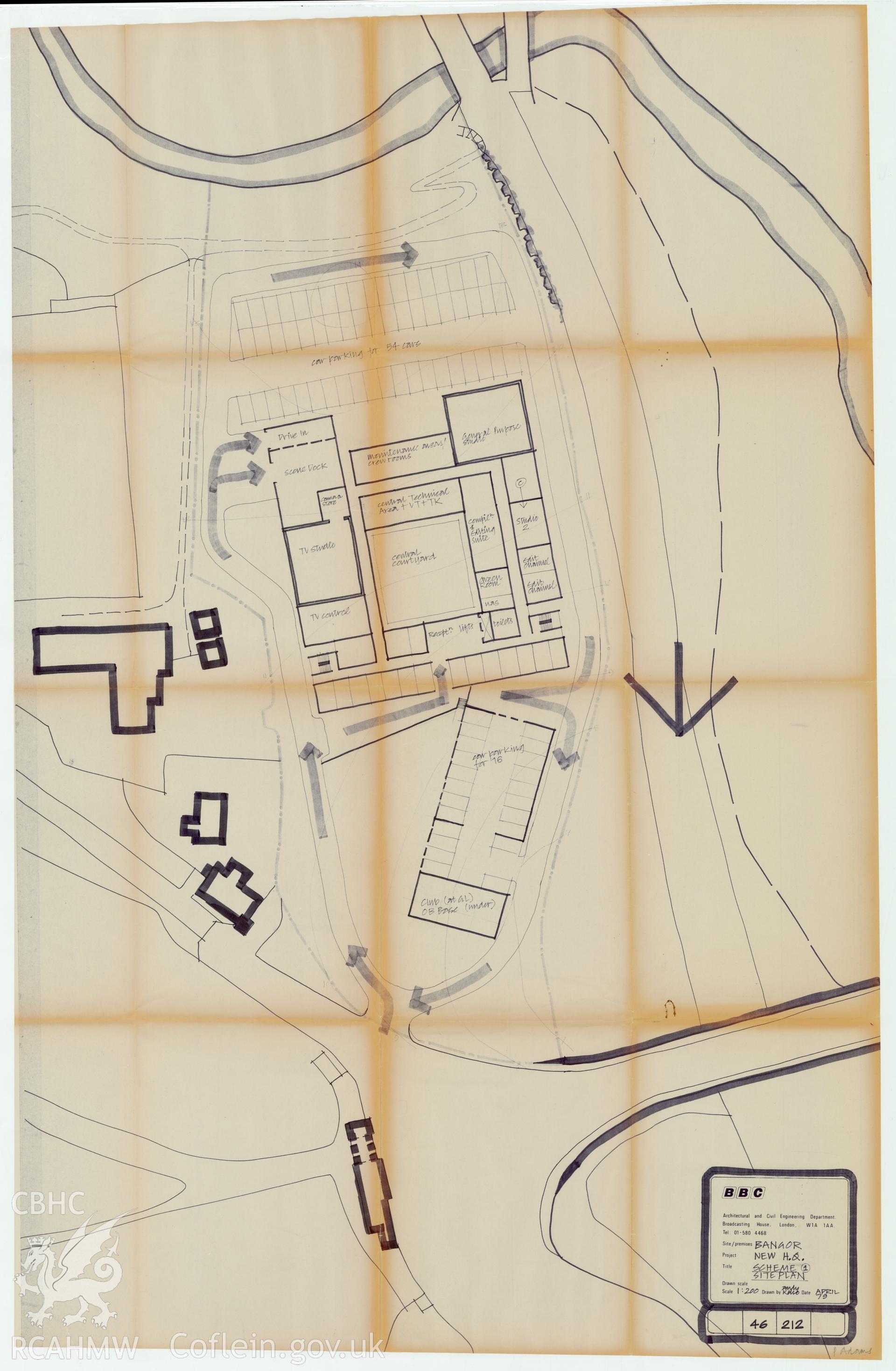 BBC premises, Bangor - New HQ Development Scheme 1 - block plan. Drawing No. 46/212, April 1979.