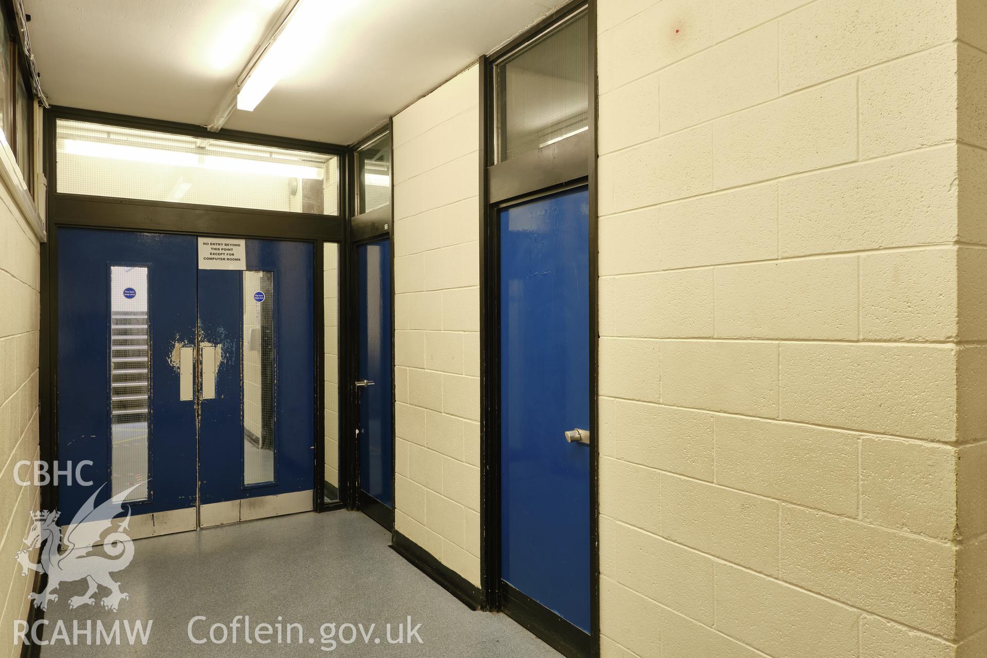 Colour photograph showing Argoed School - corridor outside 9A, looking S.