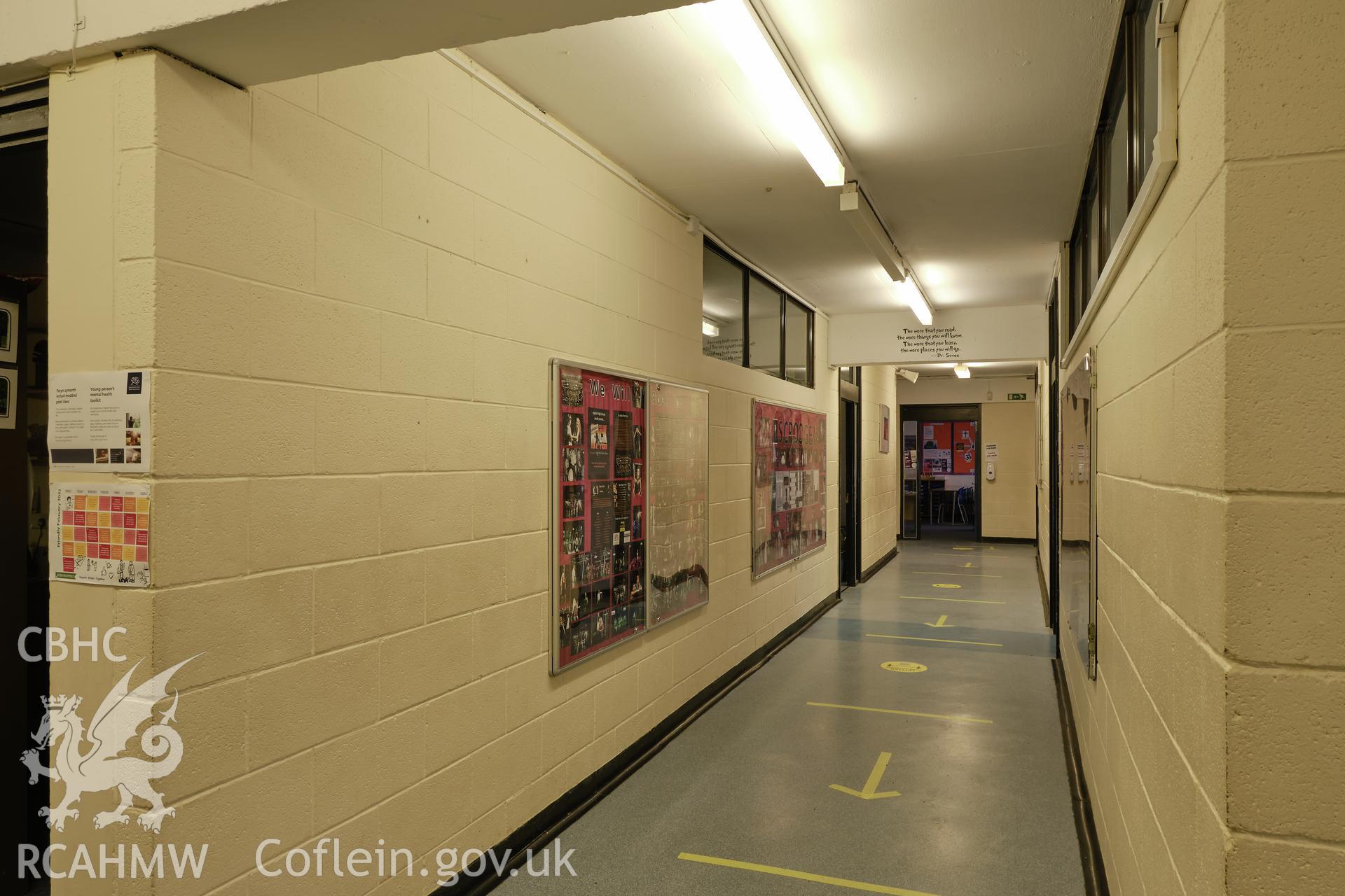 Colour photograph showing Argoed School - corridor outside rooms 7/8/11 looking N.