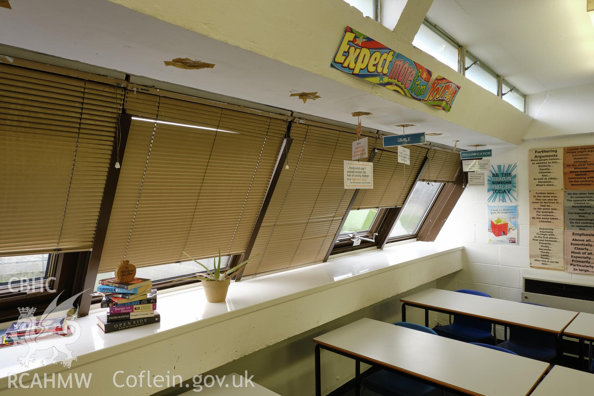 Colour photograph showing Argoed School - room 13, looking NW, window detail.