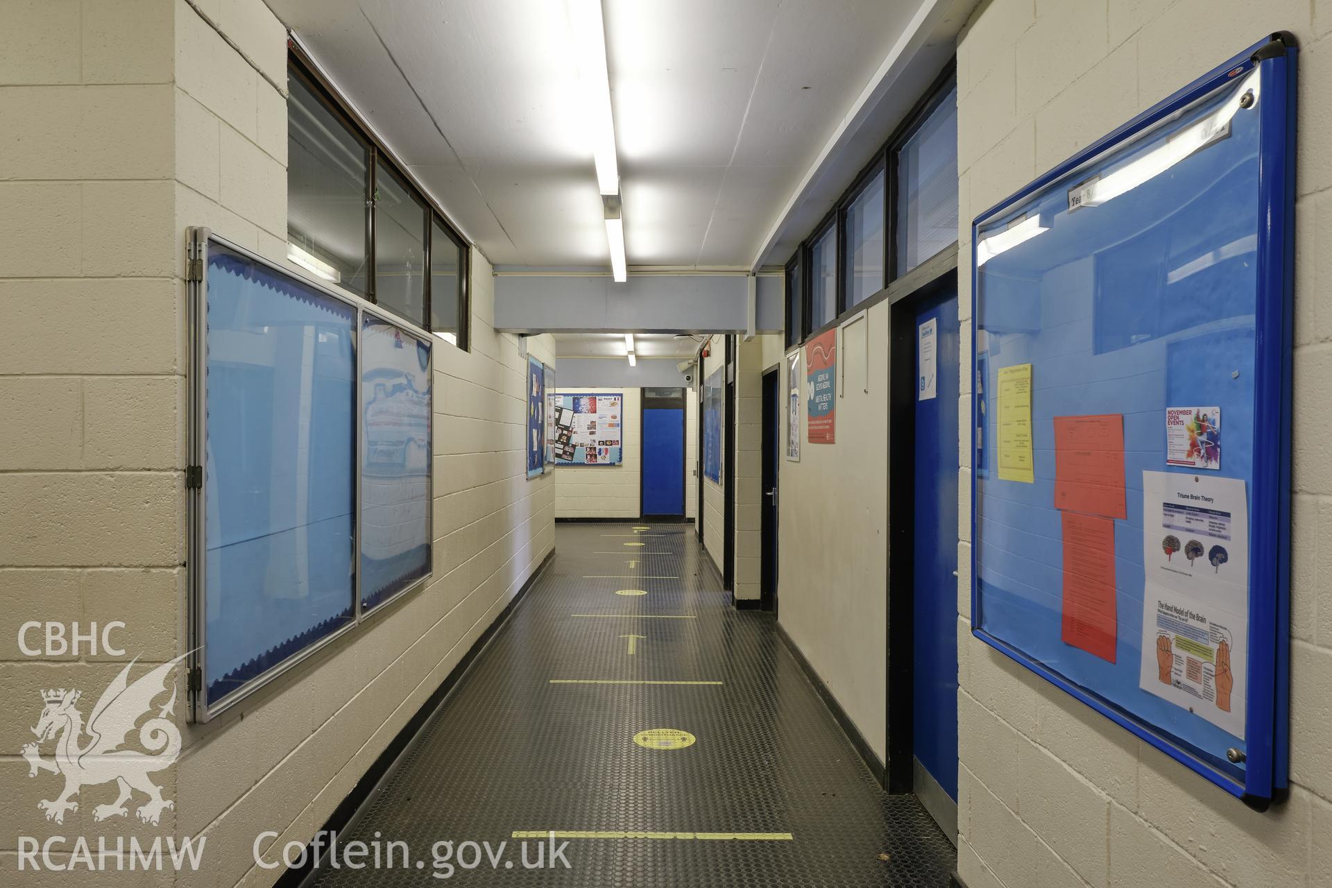 Colour photograph showing Argoed School - corridor outside S1/S2 looking S.