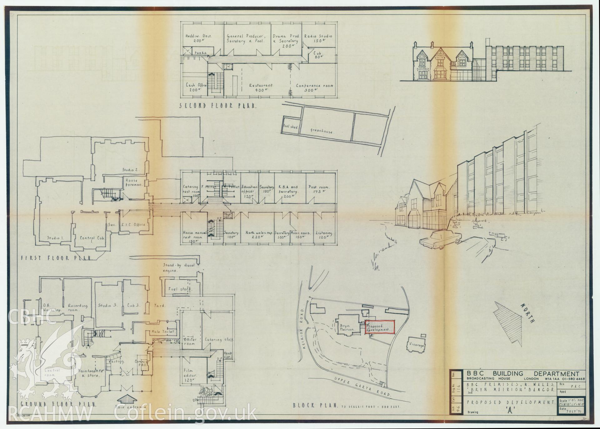 BBC premises, Bryn Meirion, Bangor - block plan drawing of proposed development A. Drawing No. 46/116A. July 1971.