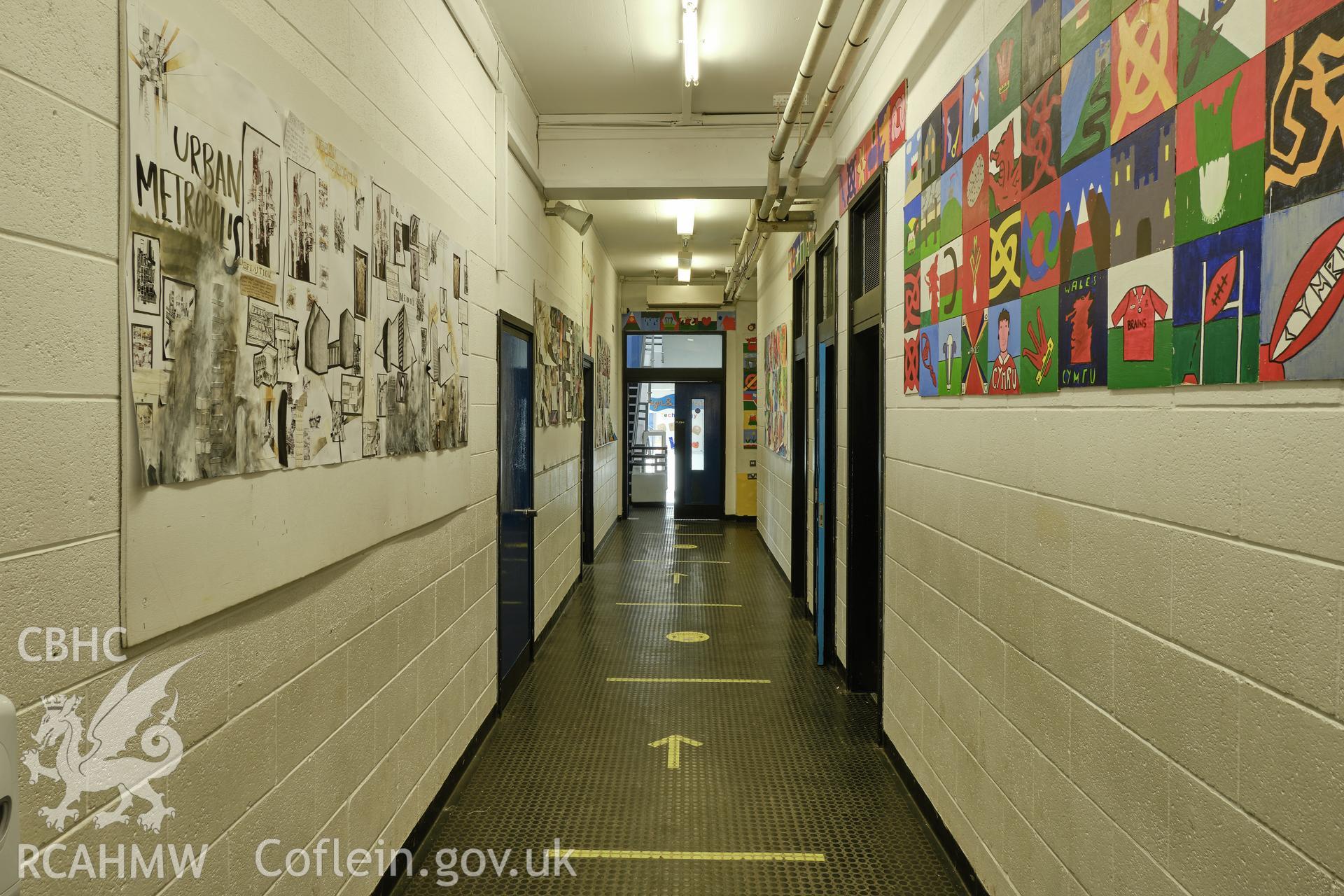 Colour photograph showing Argoed School - corridor by rooms 14/15/D5, looking N.
