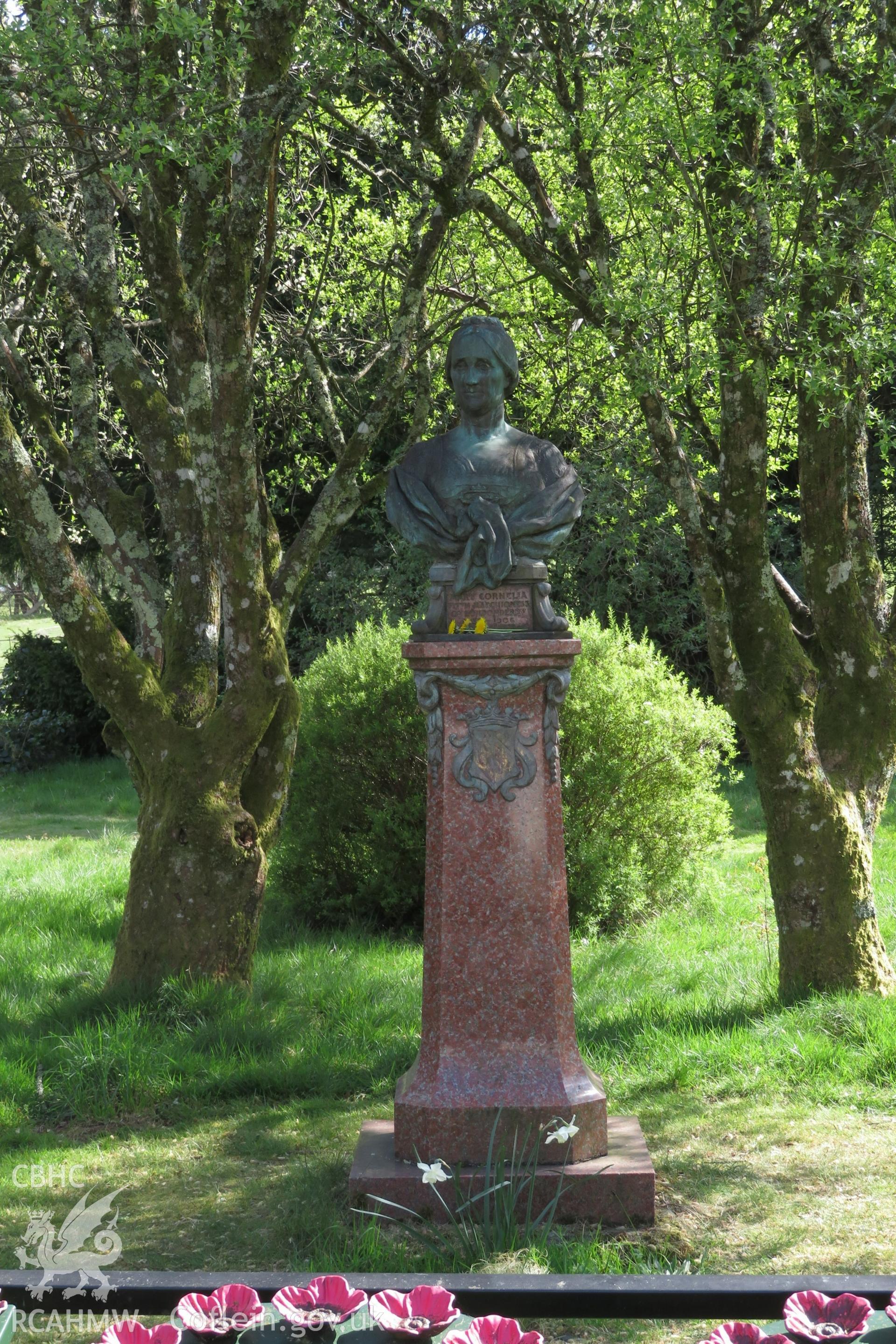 Full view of the bust of Mary Cornelia Vane-Tempest in the grounds of Plas, Machynlleth, from the north., April 2022.