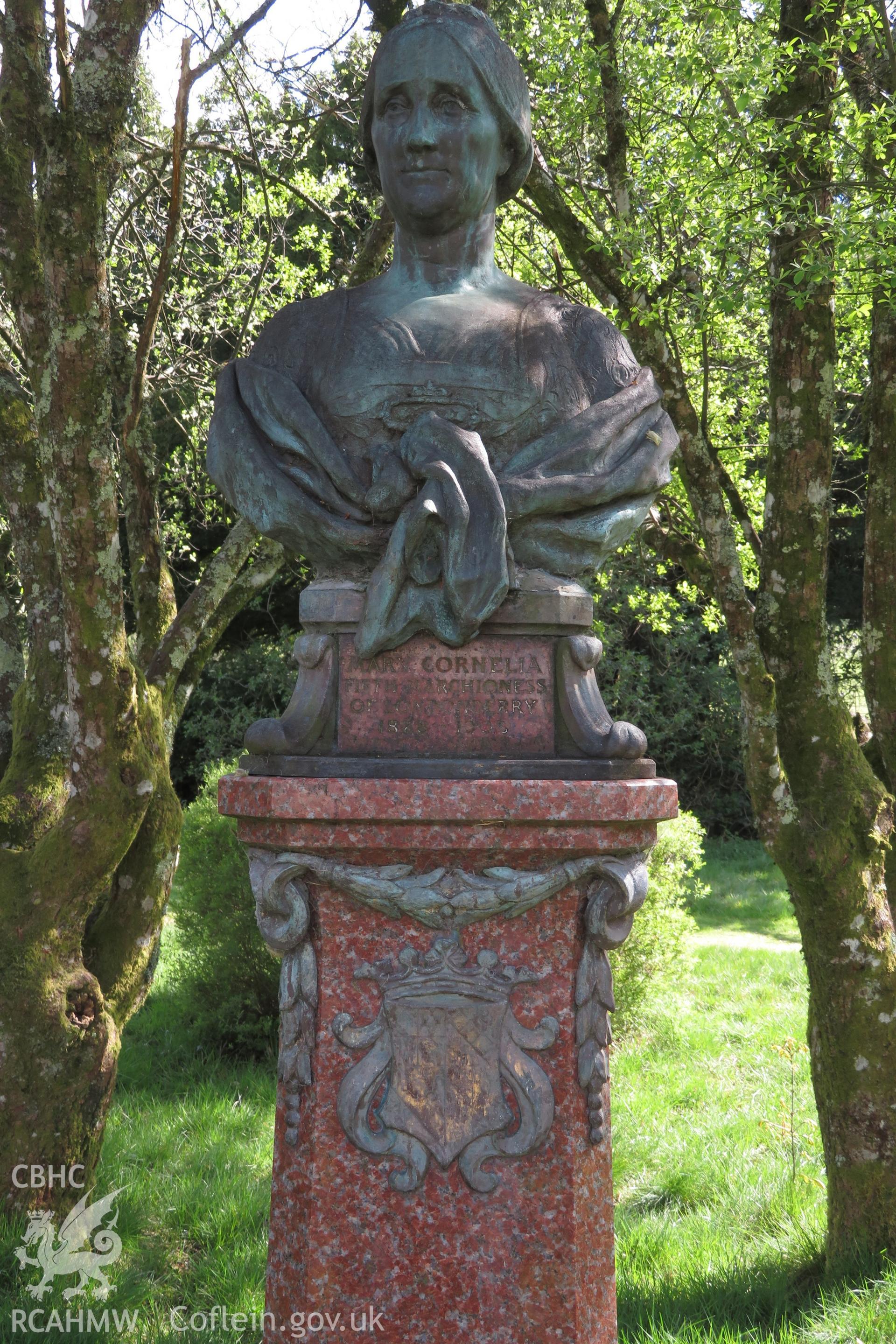 View of the bust of Mary Cornelia Vane-Tempest from the front, showing inscription and coat of arms, April 2022.