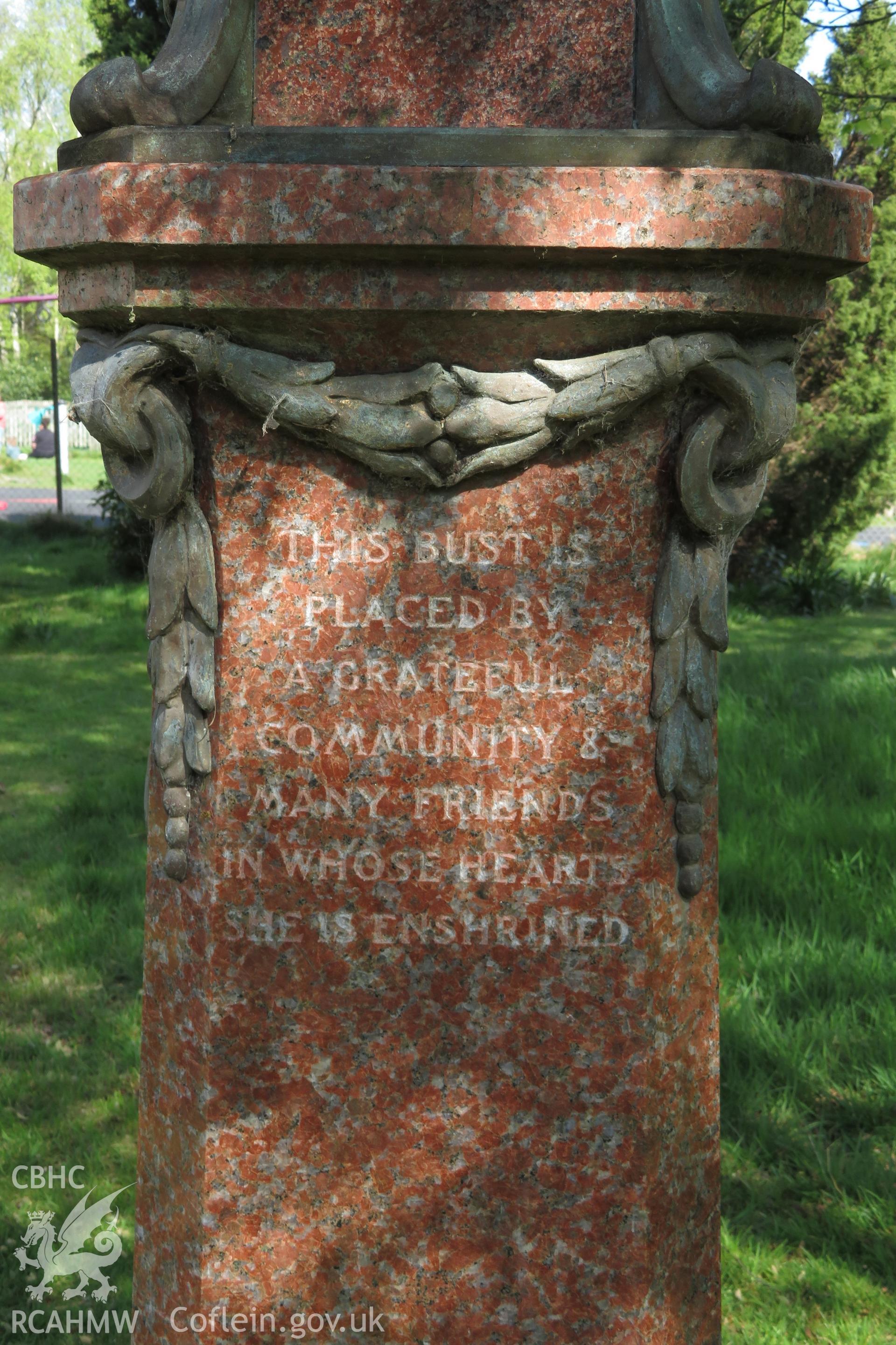 View of the inscription on the west face of the pedestal supporting the Bust of Mary Cornelia Vane-Tempest., April 2022.