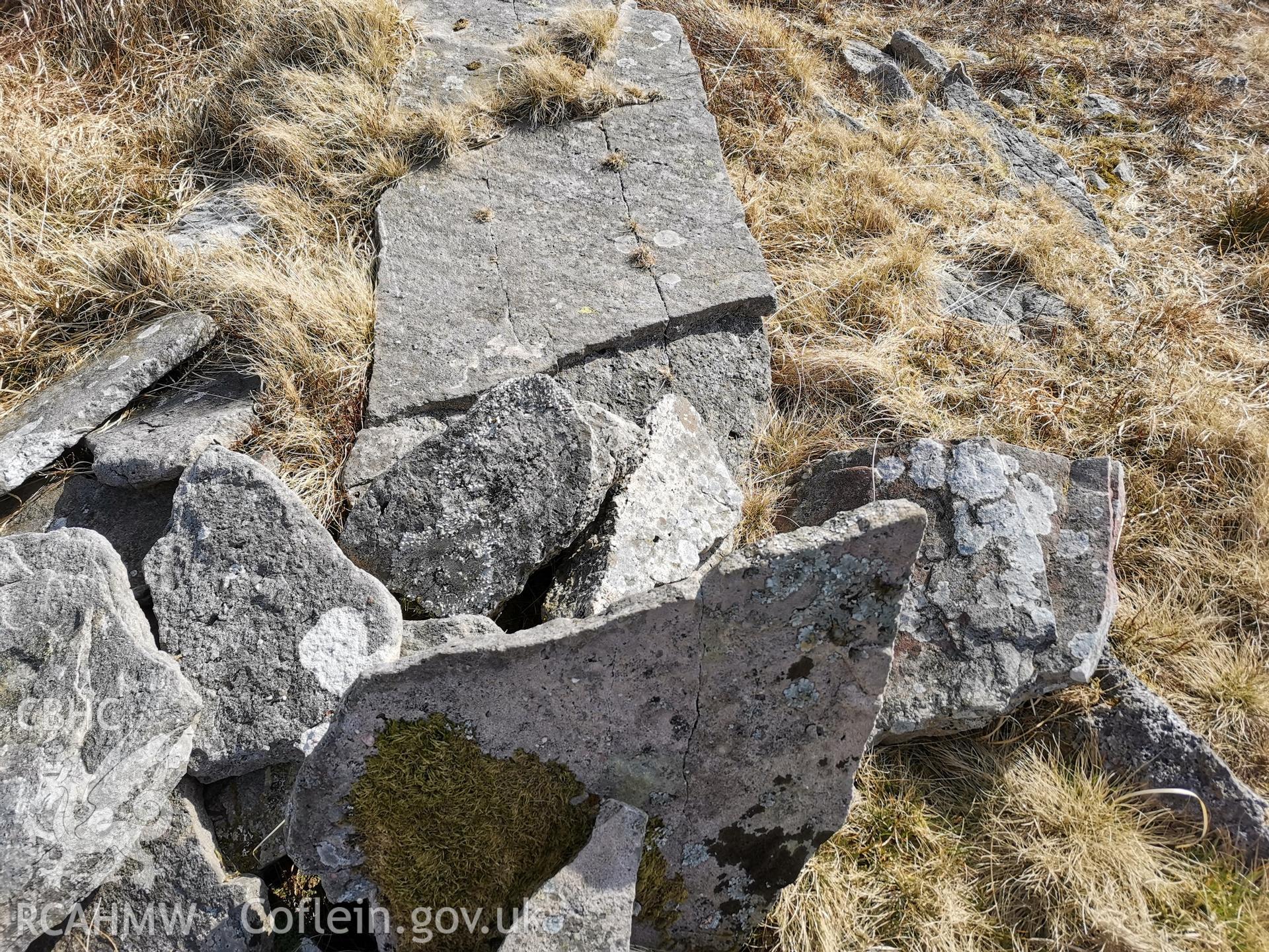 Photograph showing broken standing stone north of Nant y Coetgae cottage, taken March 2022.