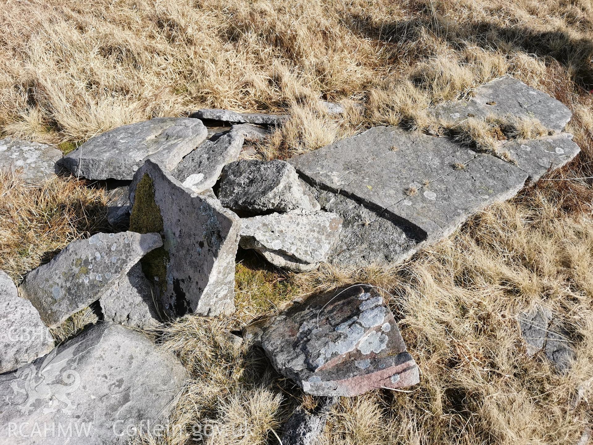 Photograph showing broken standing stone north of Nant y Coetgae cottage, taken March 2022.