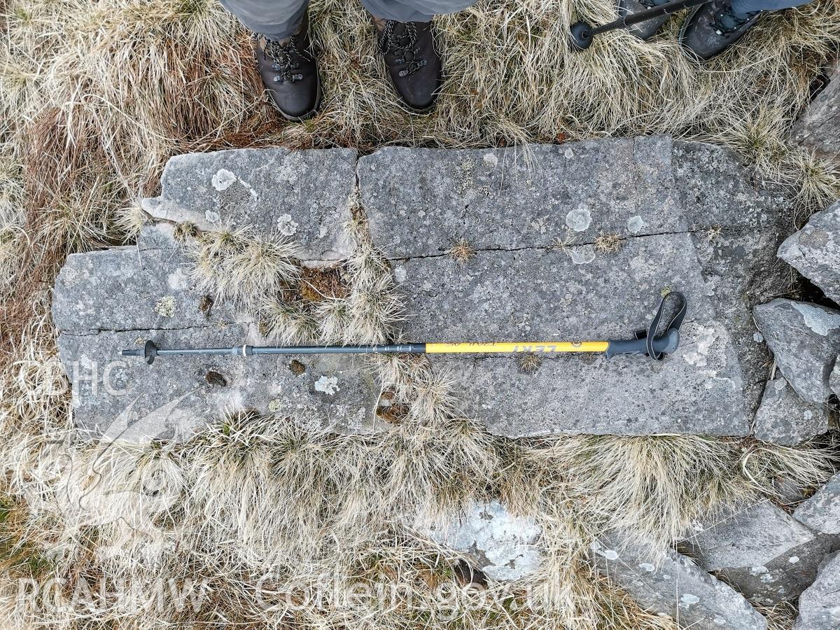 Photograph showing broken standing stone north of Nant y Coetgae cottage, taken March 2022.