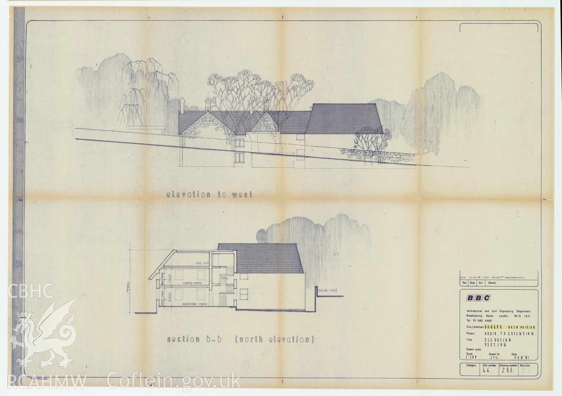 BBC premises, Bryn Meirion, Bangor - elevation and section drawing of the Radio TV extension. Drawing No. 46/203 Rev2, February 1981.