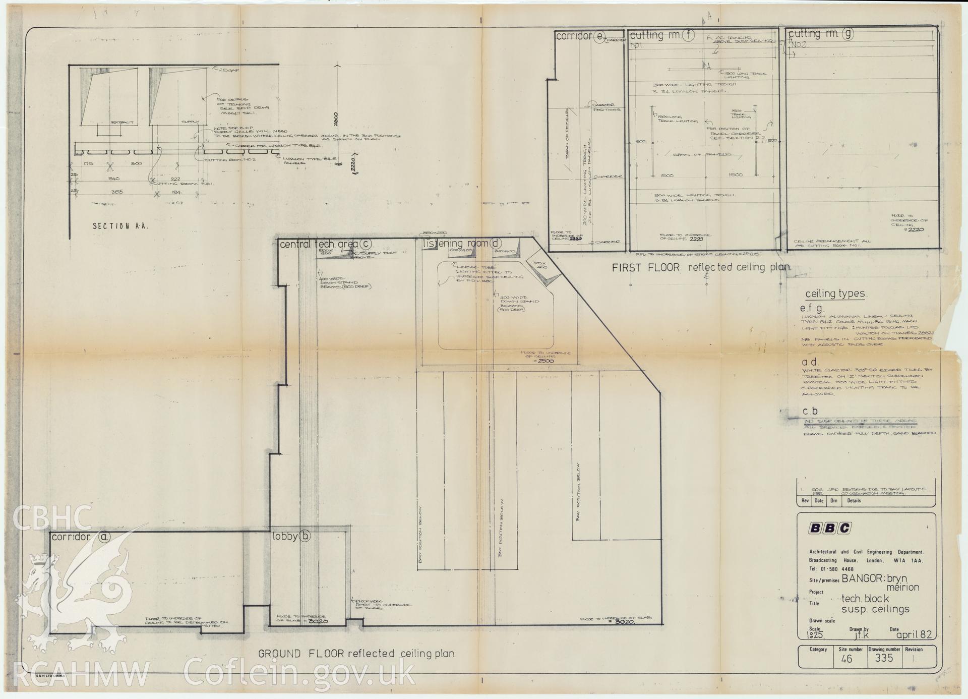 BBC premises, Bryn Meirion, Bangor - plan of the suspended ceiling of the Technology Block. Drawing No. 46/335 Rev1, April 1982.