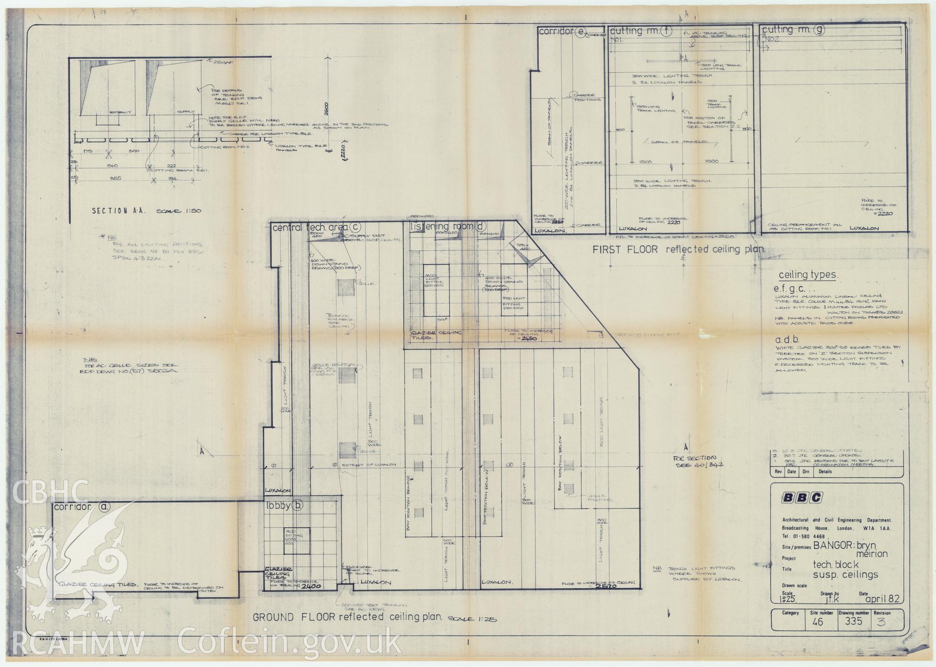 BBC premises, Bryn Meirion, Bangor - plan of the suspended ceiling of the Technology Block. Drawing No. 46/335 Rev3, April 1982.
