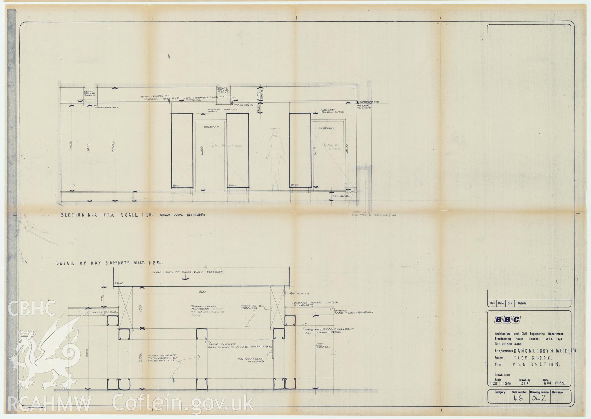 BBC premises, Bryn Meirion, Bangor - section drawing of Technology Block C.T.A. Drawing No. 46/342, August 1982.