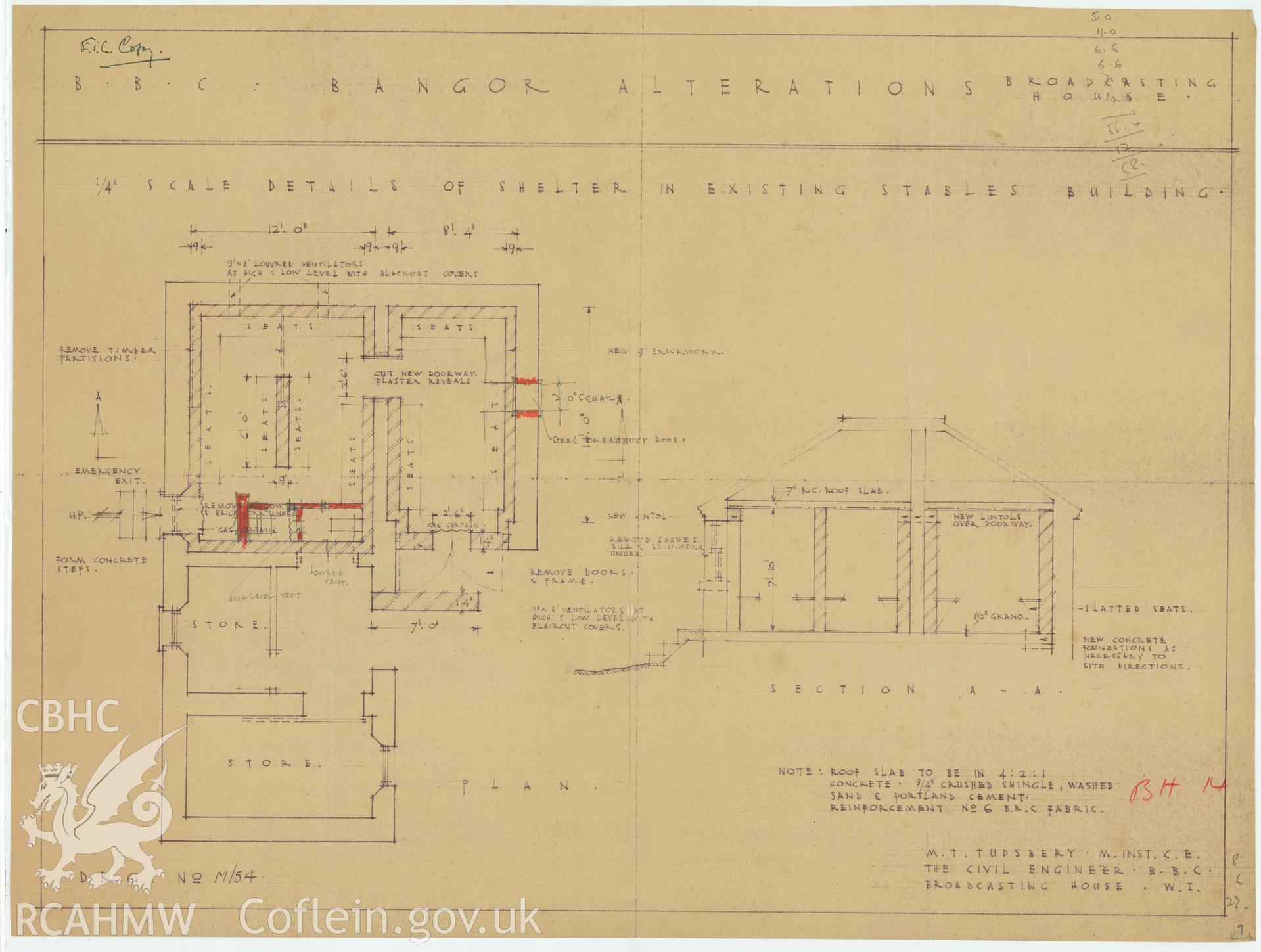 BBC premises, Broadcasting House, Bangor - elevation and plan drawing of the existing stables. Drawing No. M/54, undated.
