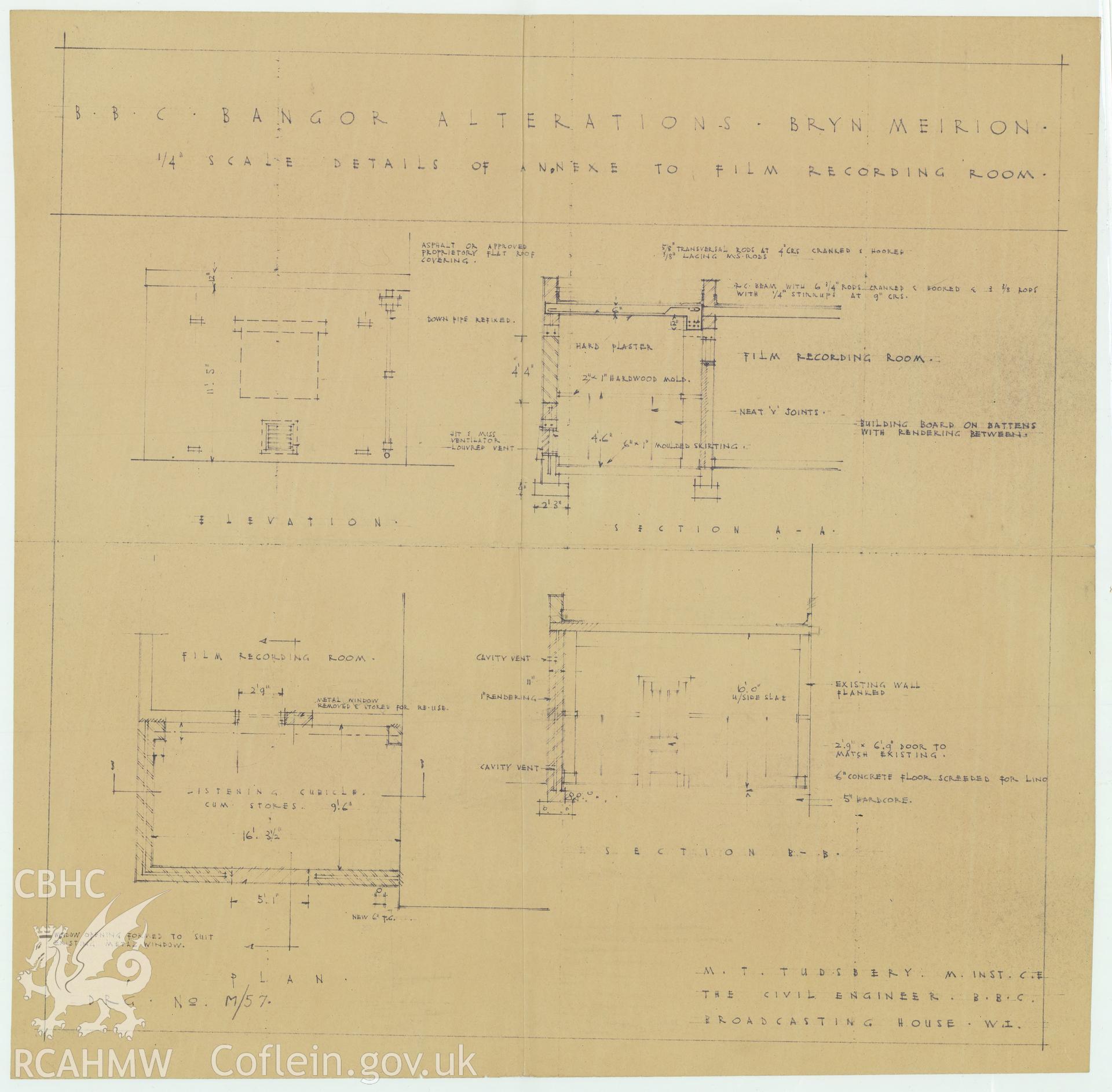 BBC premises, Broadcasting House, Bangor - elevation and plan drawing of the annex to the film recording room at Bryn Meirion. Drawing No. M/57, undated.