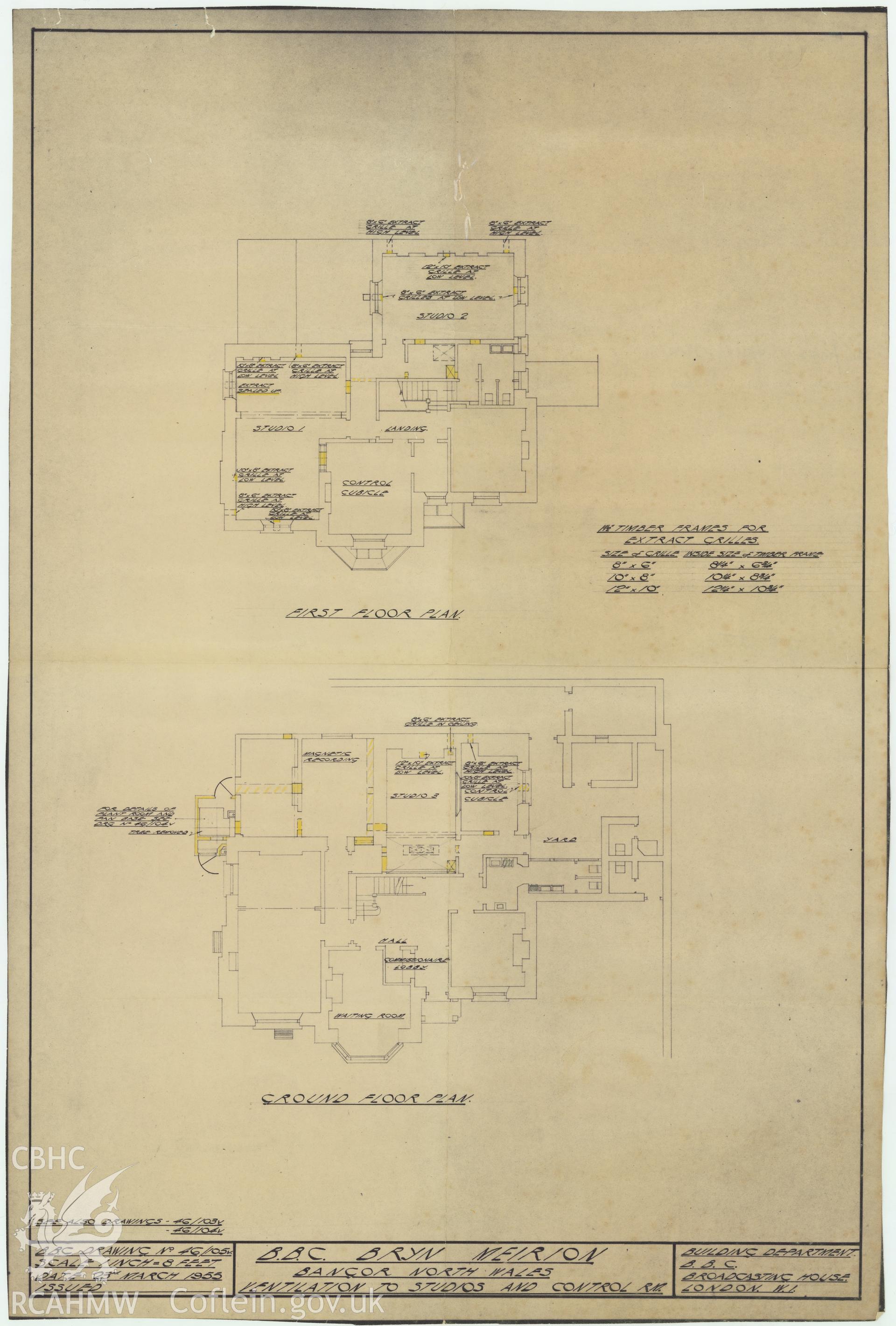 BBC premises, Broadcasting House, Bangor - ground and first floor plans of the ventilation and control room. Drawing No.46/105 V, March 1955.