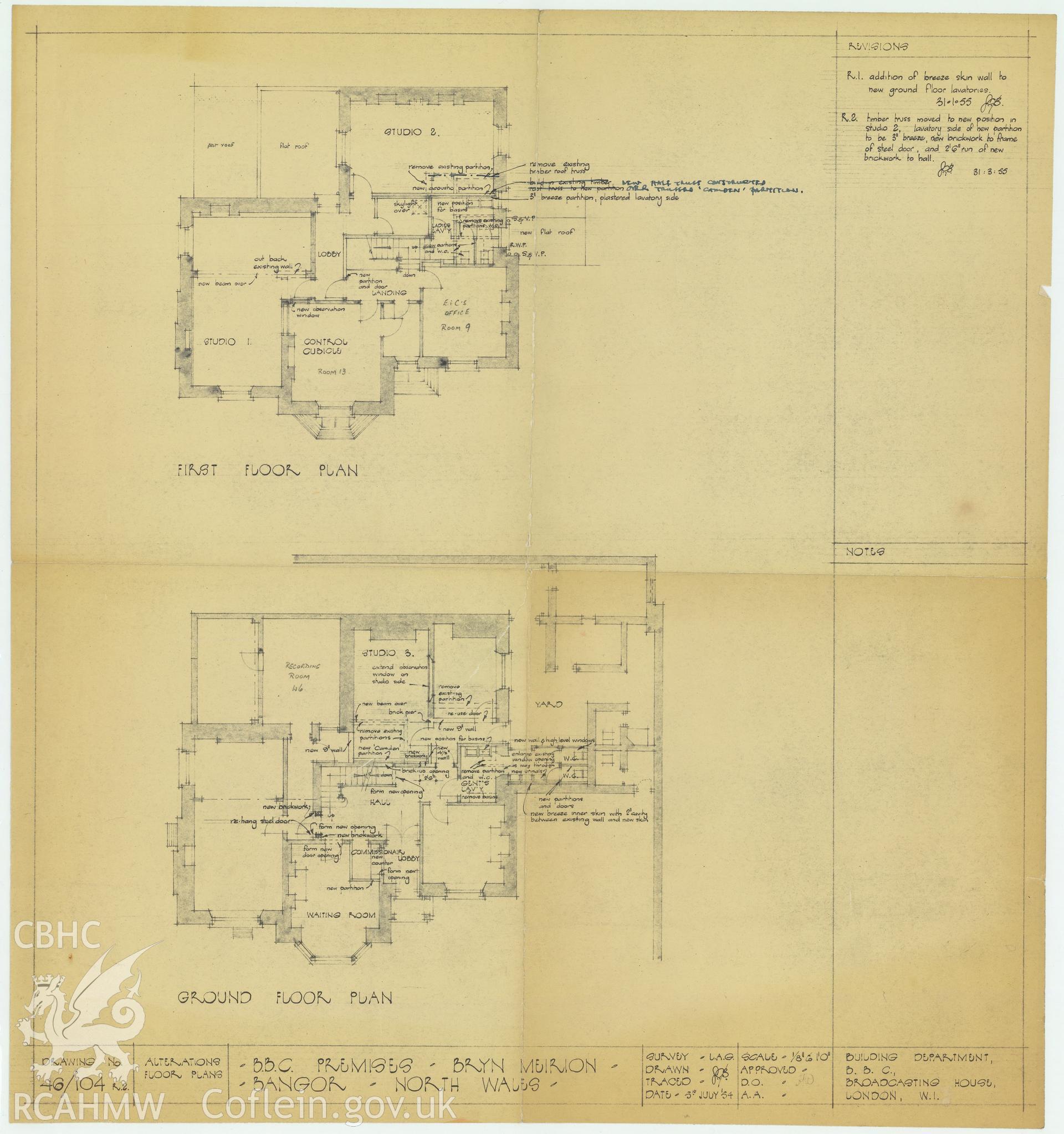 BBC premises, Broadcasting House, Bangor - ground and first floor plans of Bryn Meirion. Drawing No.46/104 R2, July 1954.