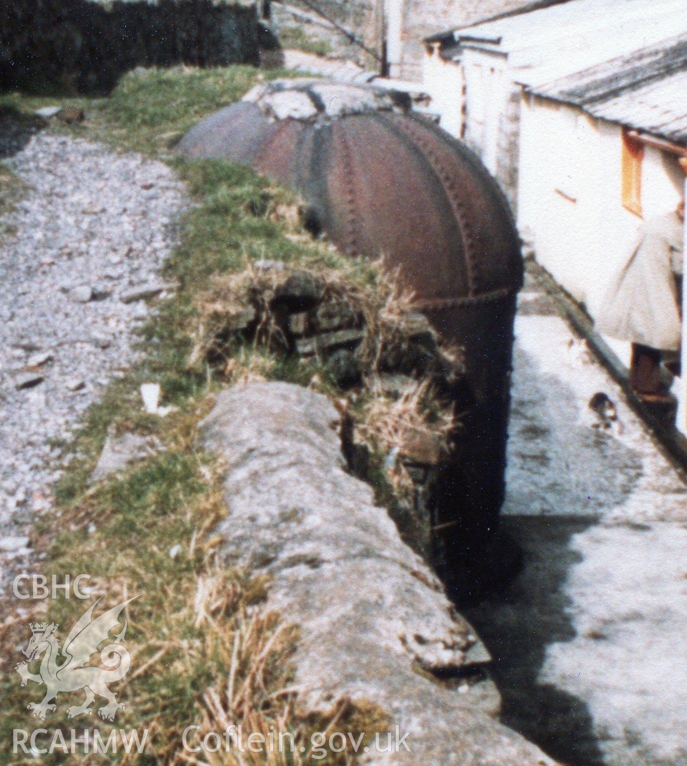 Digital photograph showing  old haystack boiler from Gethin colliery, used as a coal bunker at Abercanaid, Merthyr, dated  1981.