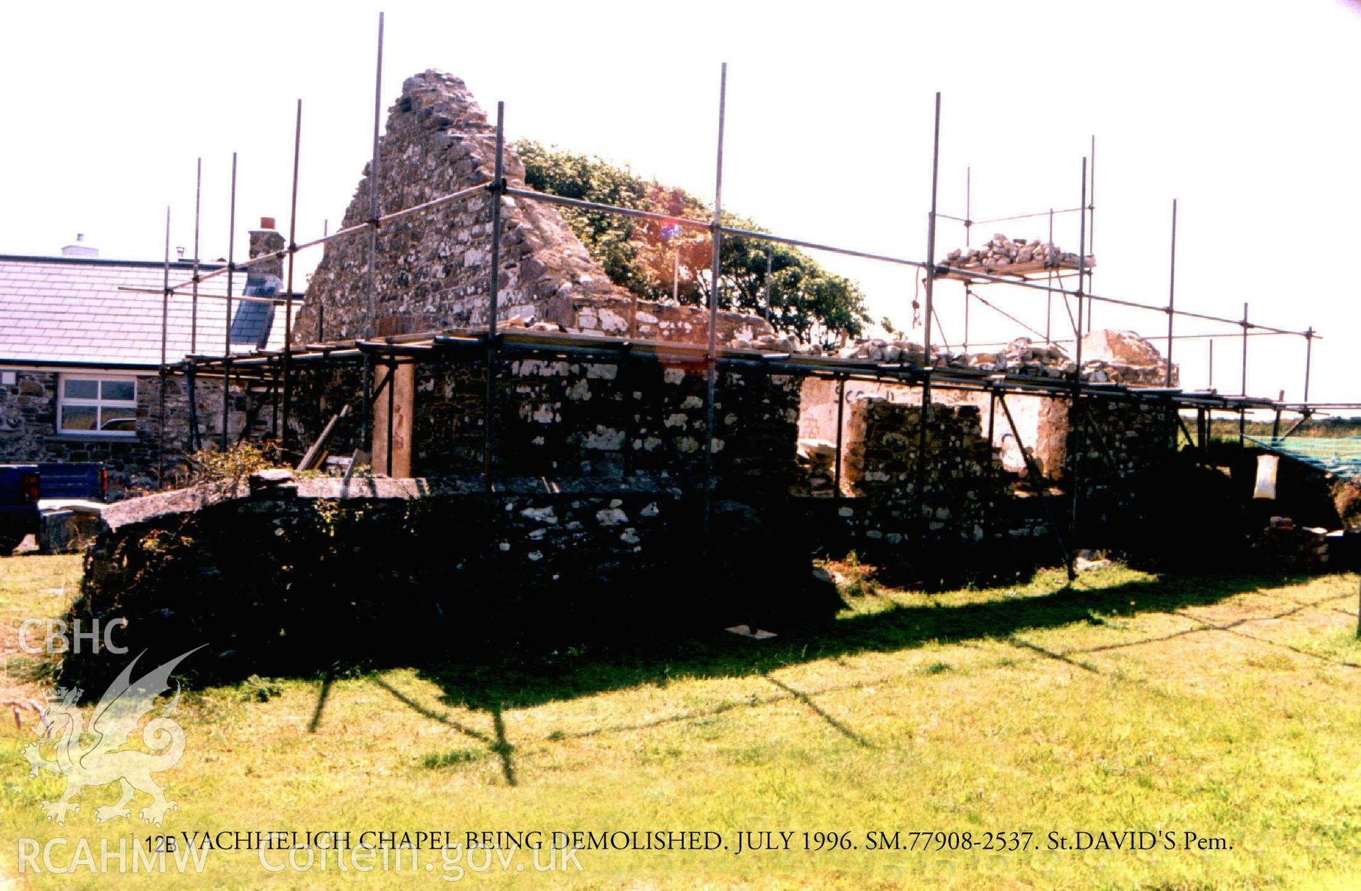 Digital photograph showing Babell Methodist chapel, Fachelych being demolished, dated July 1996.