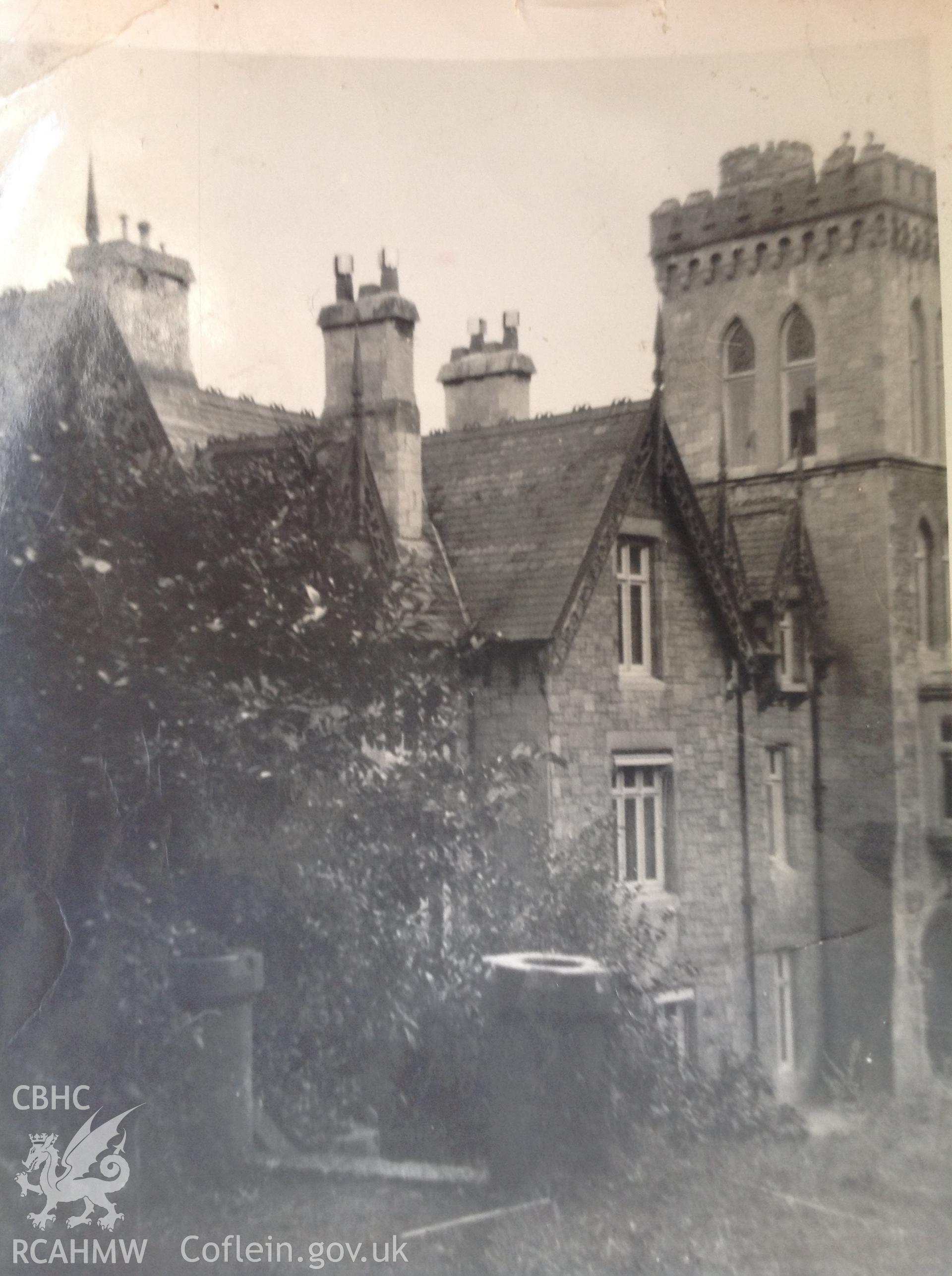 Digital copy of photograph showing exterior view of Bryngwenallt Hall, c. 1961. Digital copy donated by Gilian Swan, January 2022.