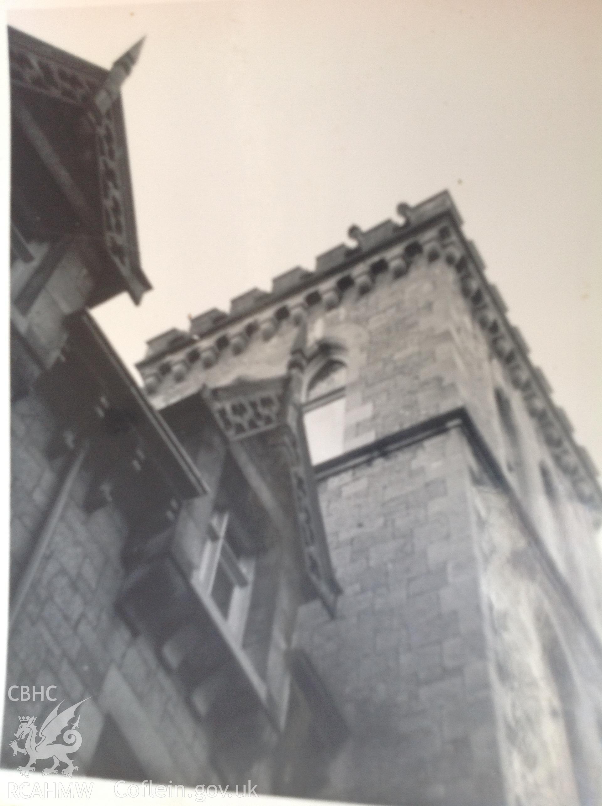 Digital copy of photograph showing detailed exterior view wall and windows at Bryngwenallt Hall, taken in the late 1950s. Digital copy donated by Gillian Swan, January 2022.