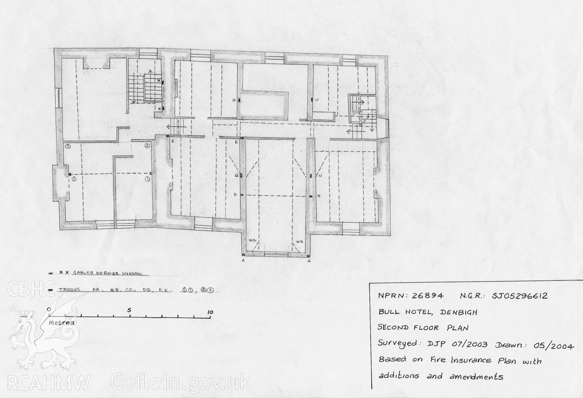Digital drawing depicting the floor plan of the Bull Hotel, Denbigh, to scale. It is 'based on fire insurance plan with additions and amendments'. Produced by David Percival in 2004, as part of his work at the RCAHMW.