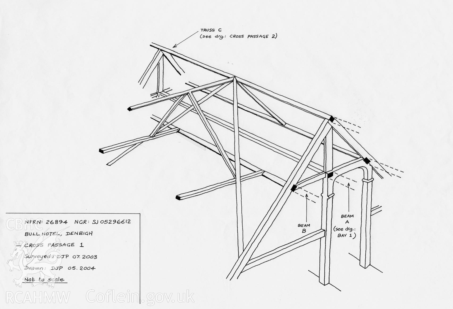 Digital drawings depicting 'cross passage 1' at the Bull Hotel, Denbigh. Produced by David Percival in 2004, as part of his work at the RCAHMW.