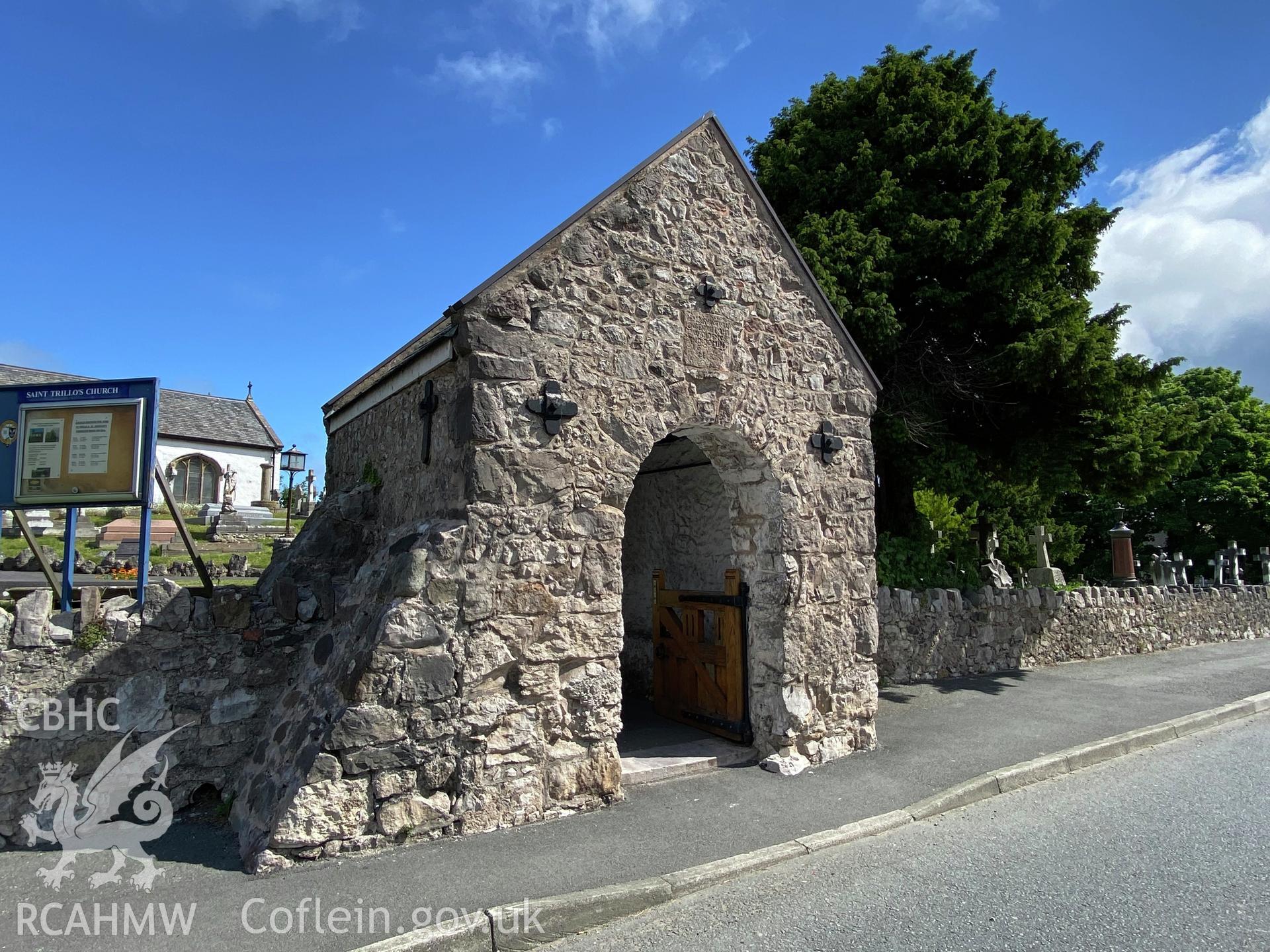 Digital colour photograph showing the lych gate at St Trillo's church, Llandrillo yn Rhos, produced by Paul R Davis in 2021.