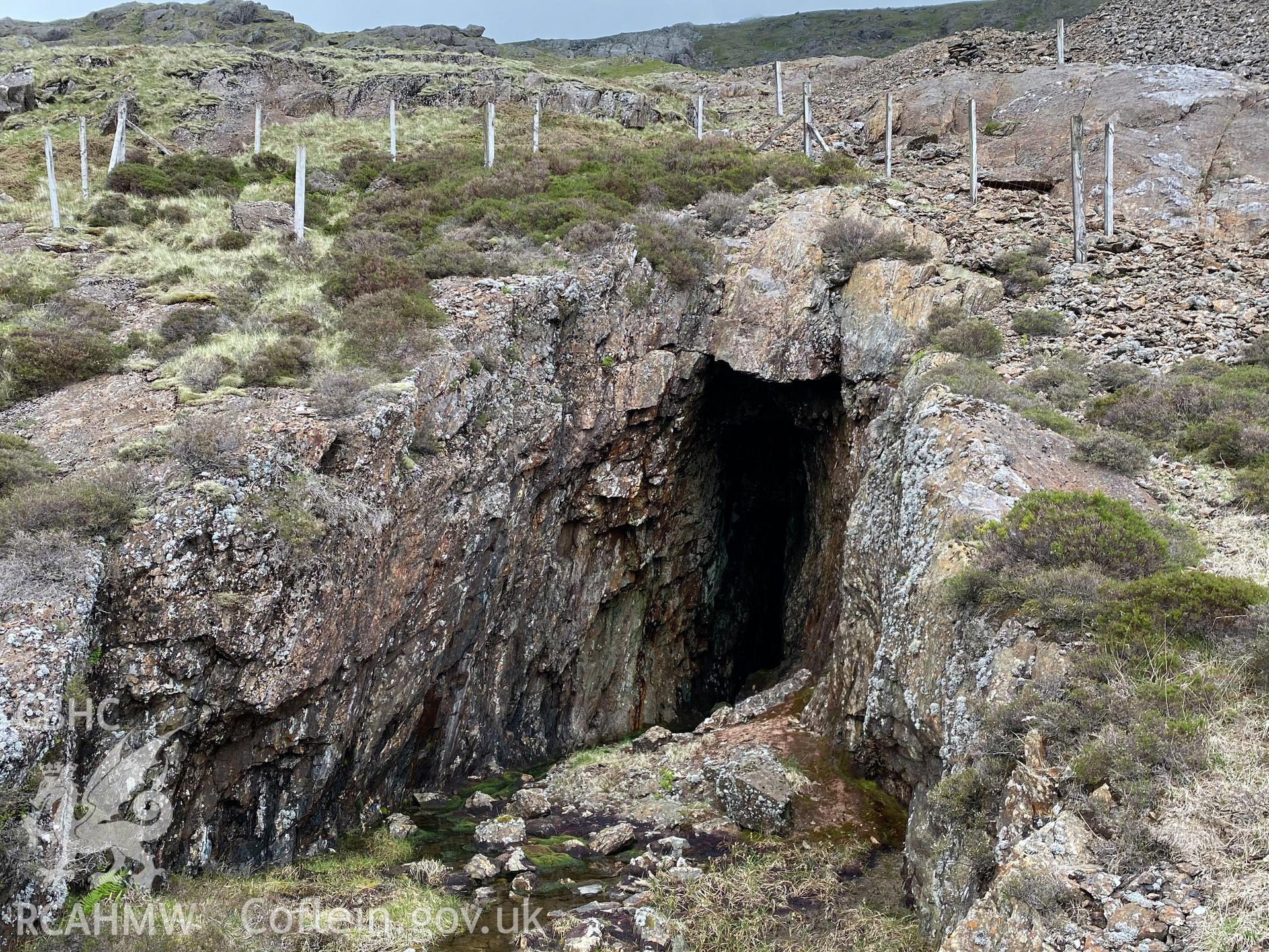 Digital colour photograph showing Moel Hebog mine adit, produced by Paul R Davis in 2021.