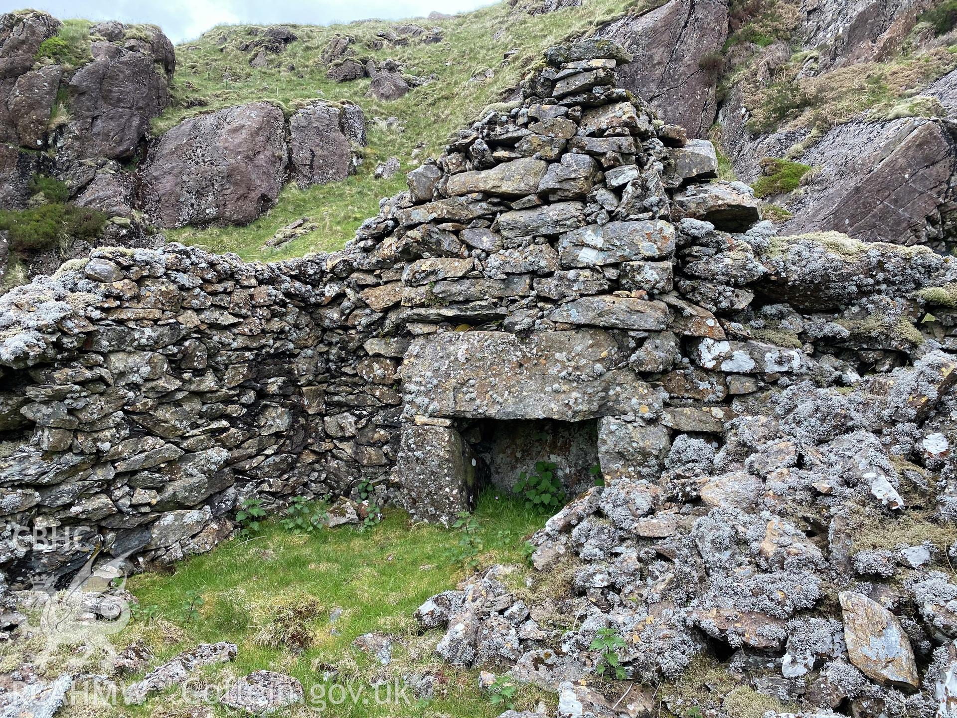 Digital colour photograph showing Moel Hebog mine buildings, produced by Paul R Davis in 2021.