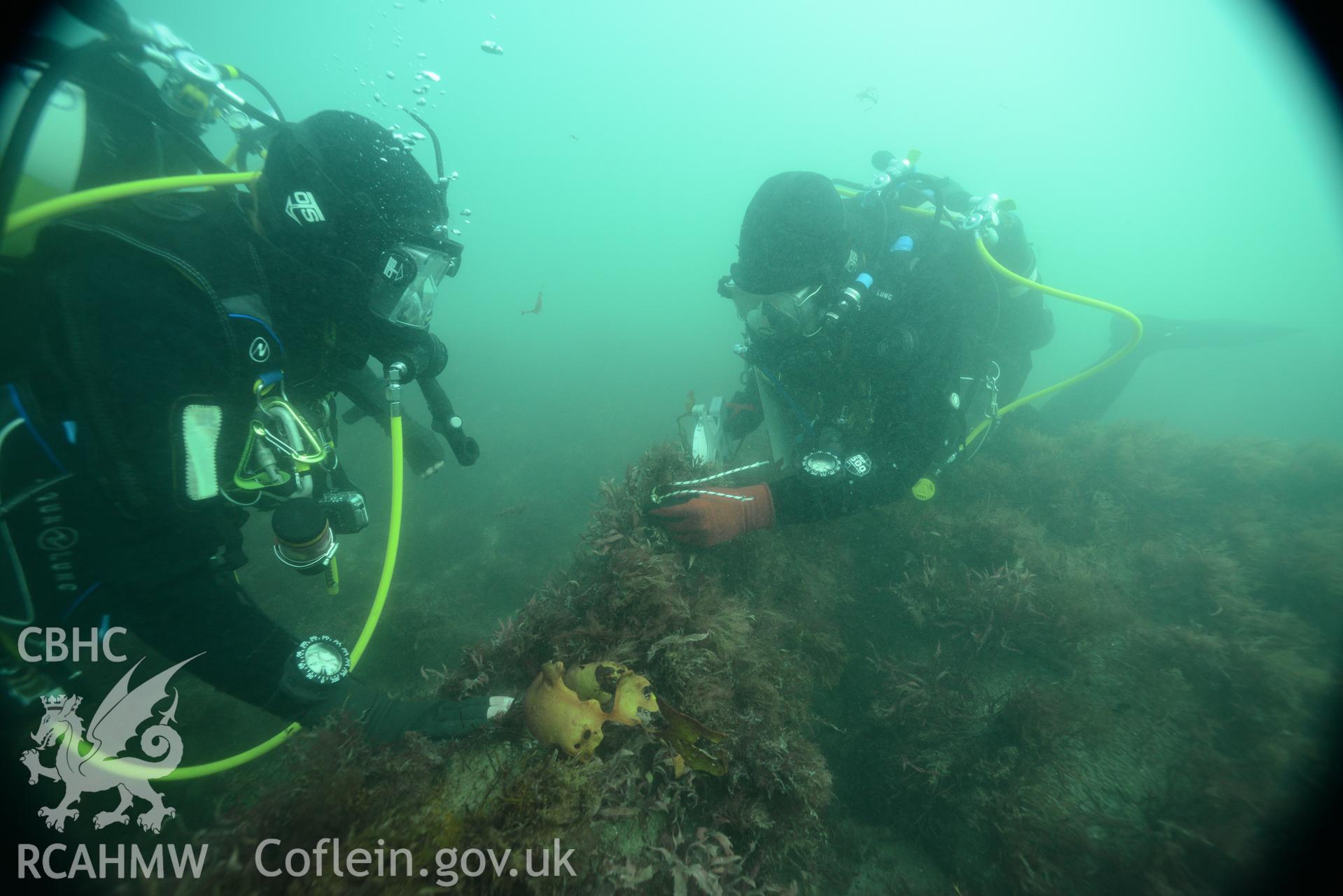 Divers working on survey of the Bronze Bell wreck, Tal-y-Bont. Undertaken by MSDS Marine on behalf of RCAHMW, through the EU Funded CHERISH Project.