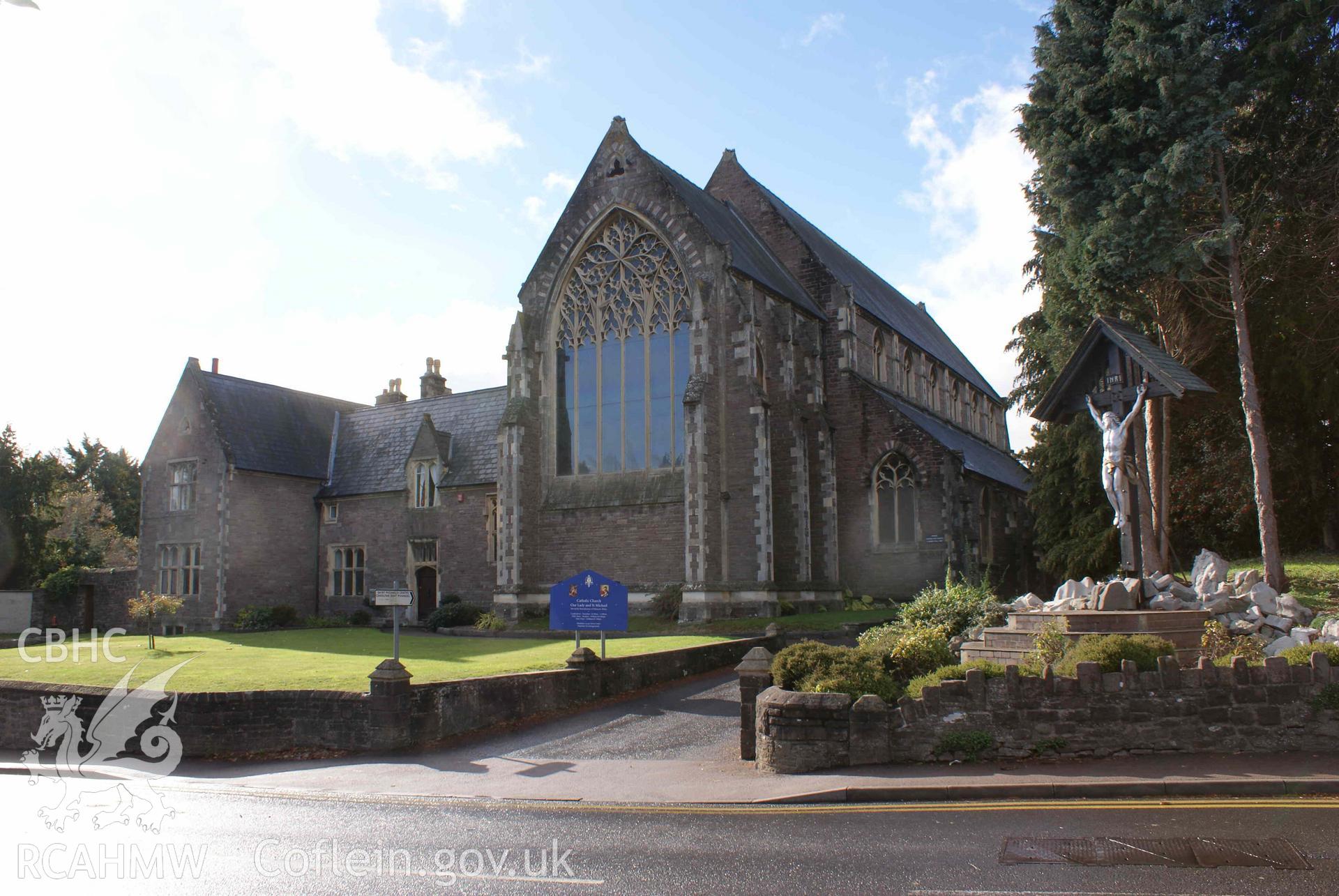 Digital colour photograph showing exterior of Our Lady and St Michael Catholic church, Abergavenny.