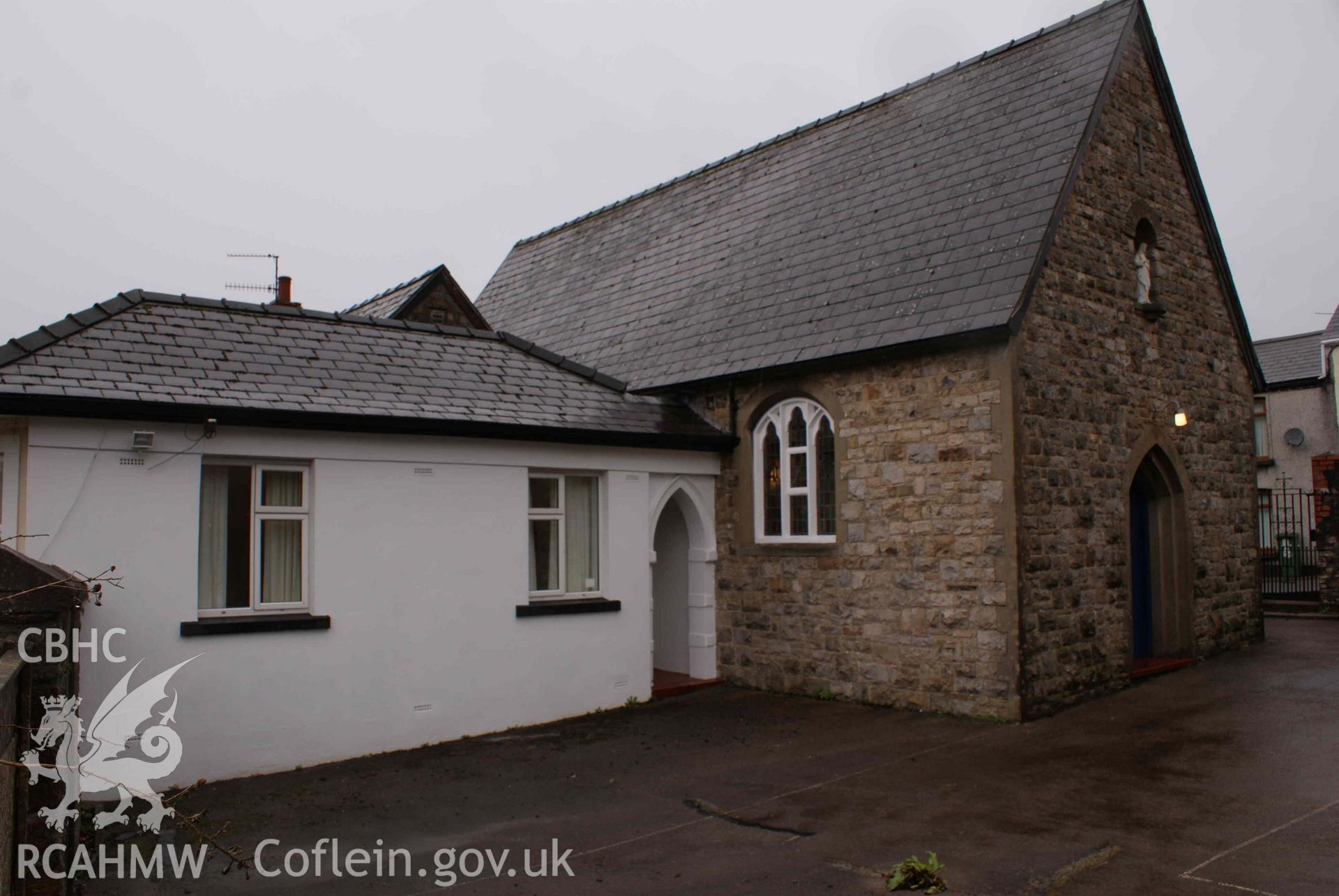 Digital colour photograph showing the presbytery and exterior of Sacred Heart and St Felix Catholic church, Blaenavon.
