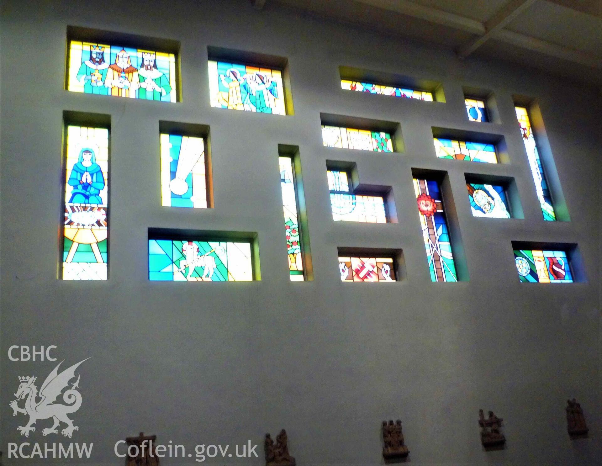 Digital colour photograph showing stained glass windows at St Teilo's Catholic church, Whitchurch.