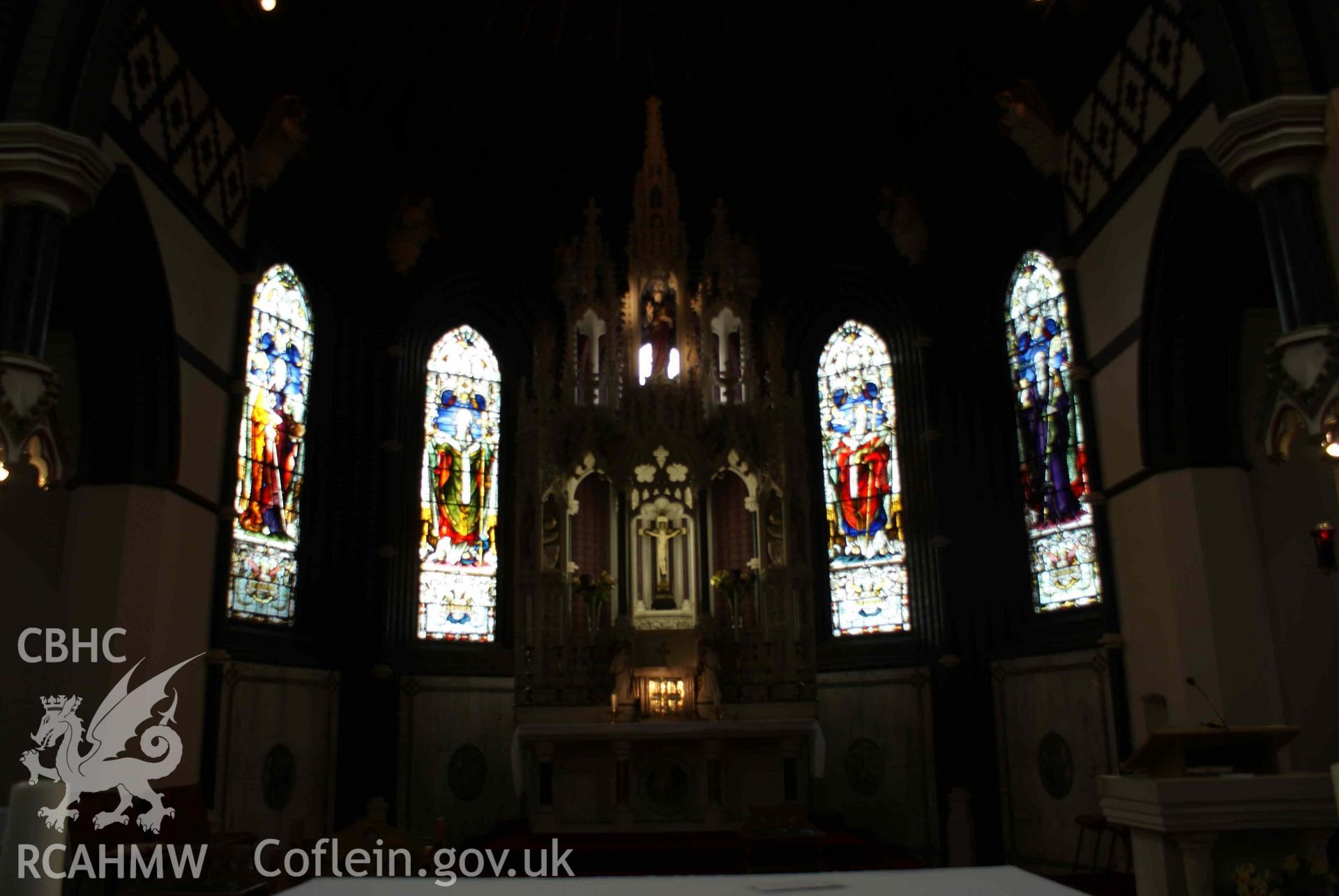 Digital colour photograph showing stained glass windows at St Illtyd's Catholic church, Dowlais.