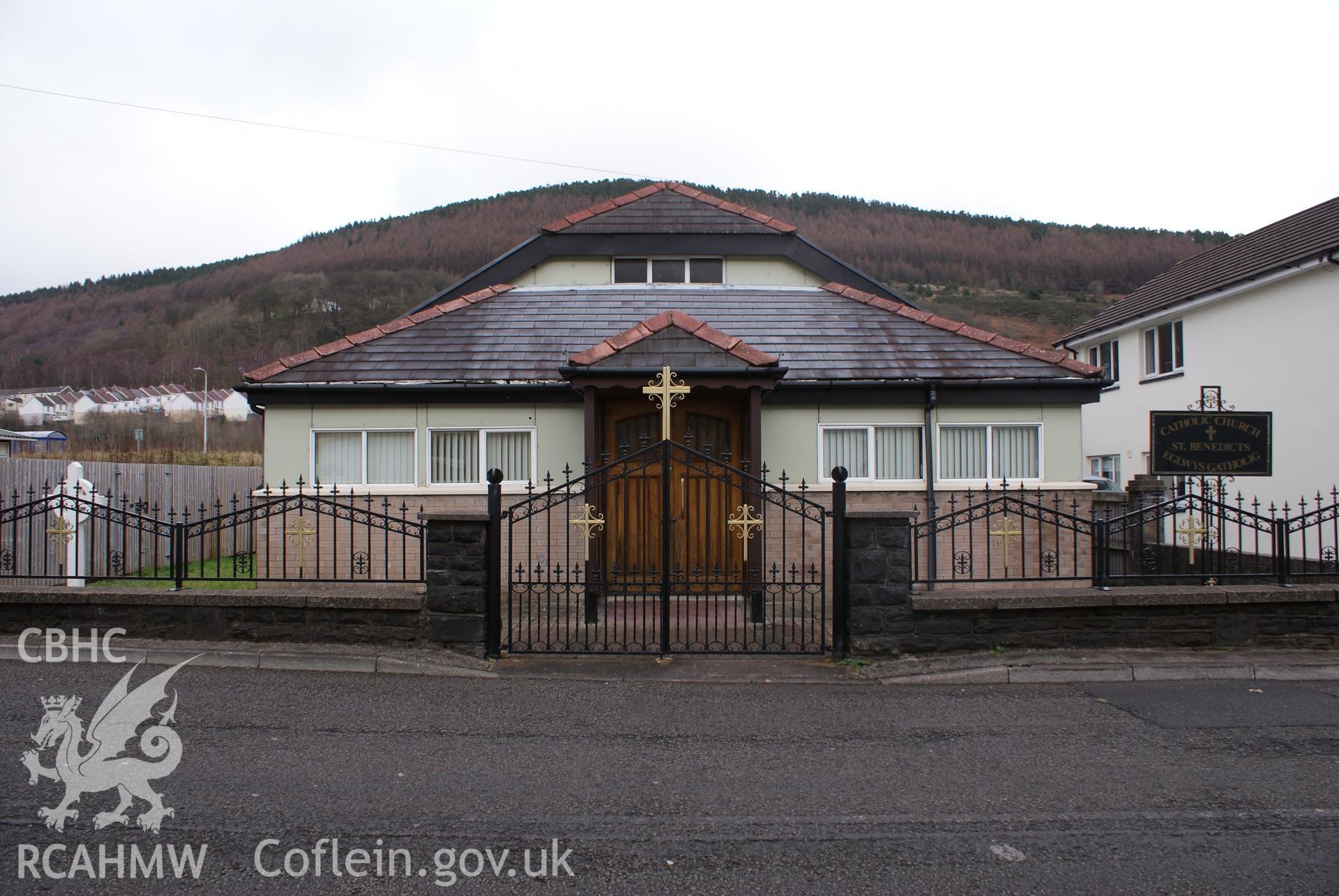 Digital colour photograph showing exterior of St Benedict's Catholic church, Merthyr Vale.