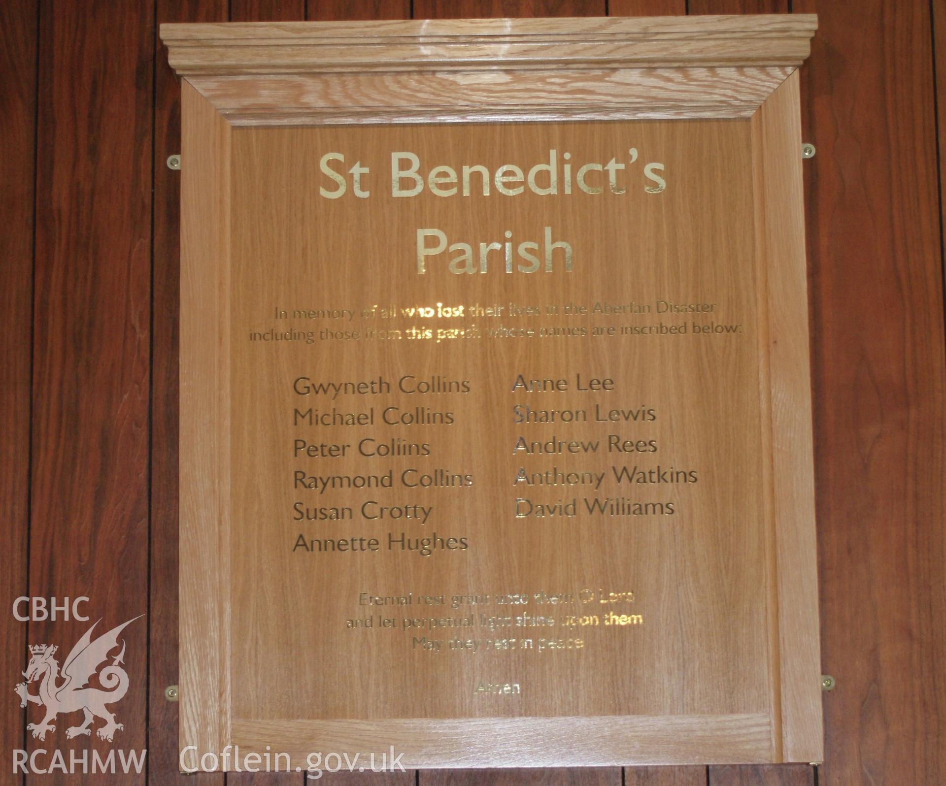 Digital colour photograph showing memorial to victims of the 1966 Aberfan disaster at St Benedict's Catholic church, Merthyr Vale.